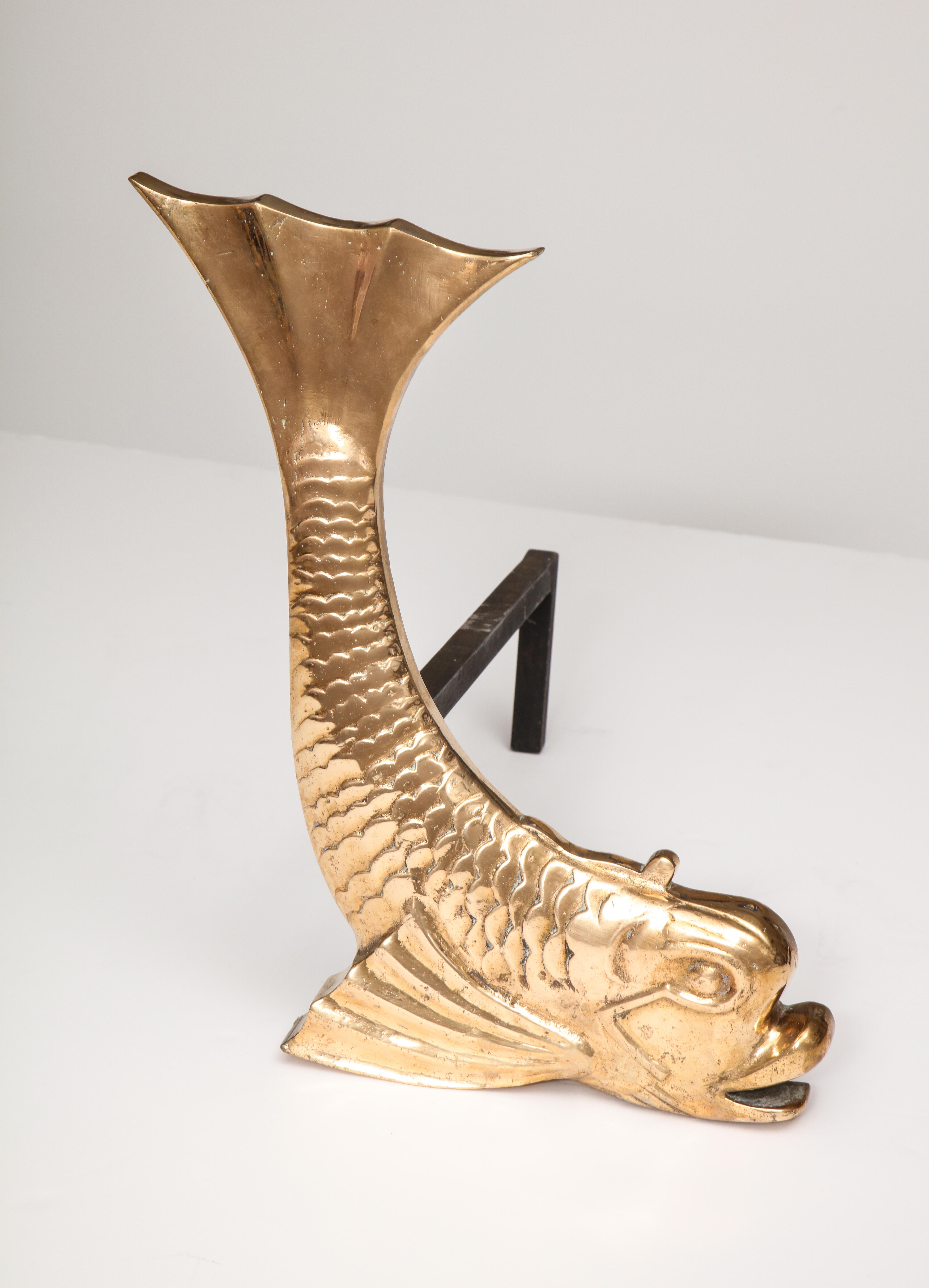 North American Pair of Midcentury Brass Dolphin Form Andirons