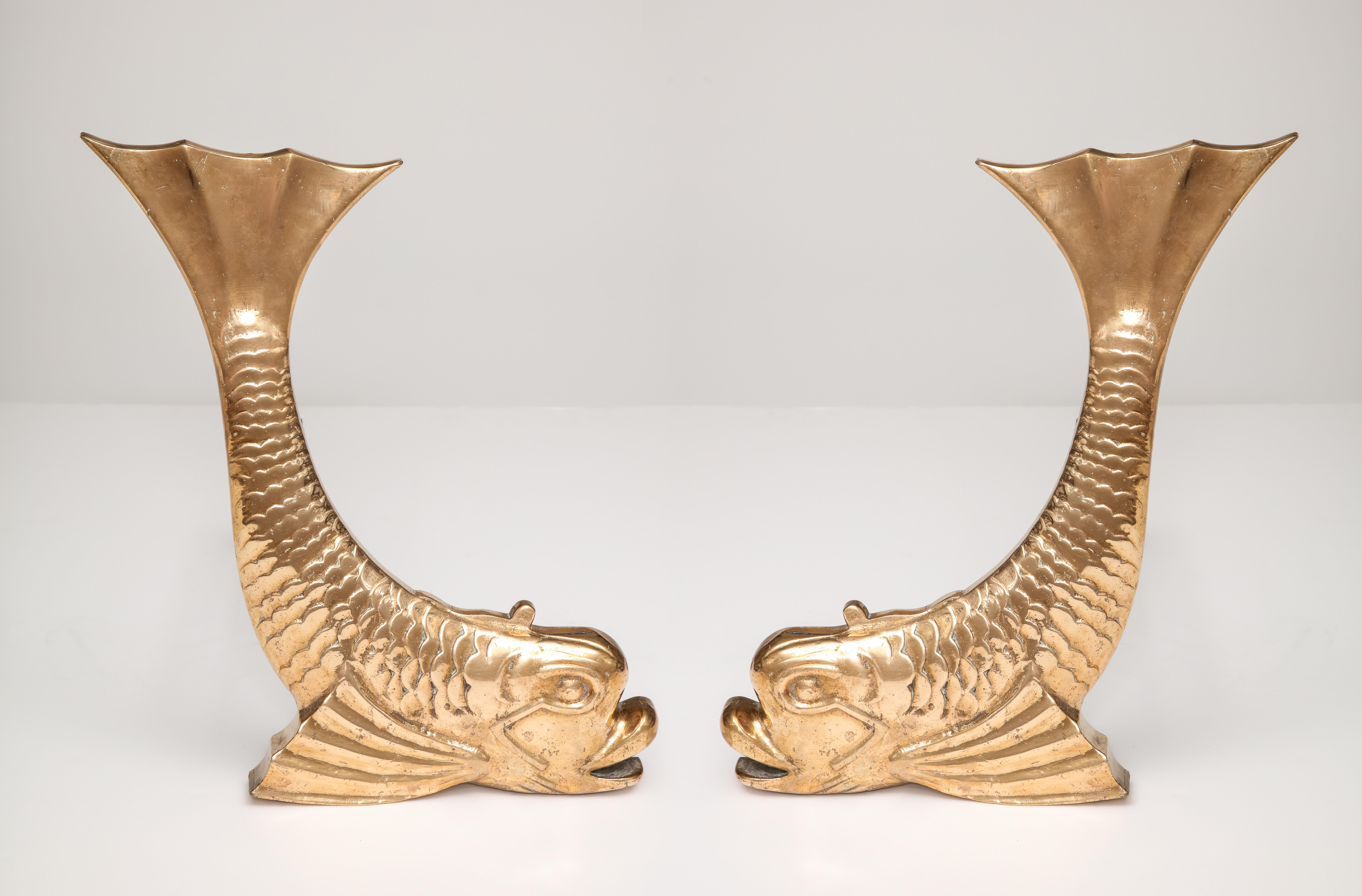 Pair of Midcentury Brass Dolphin Form Andirons In Excellent Condition In New York, NY