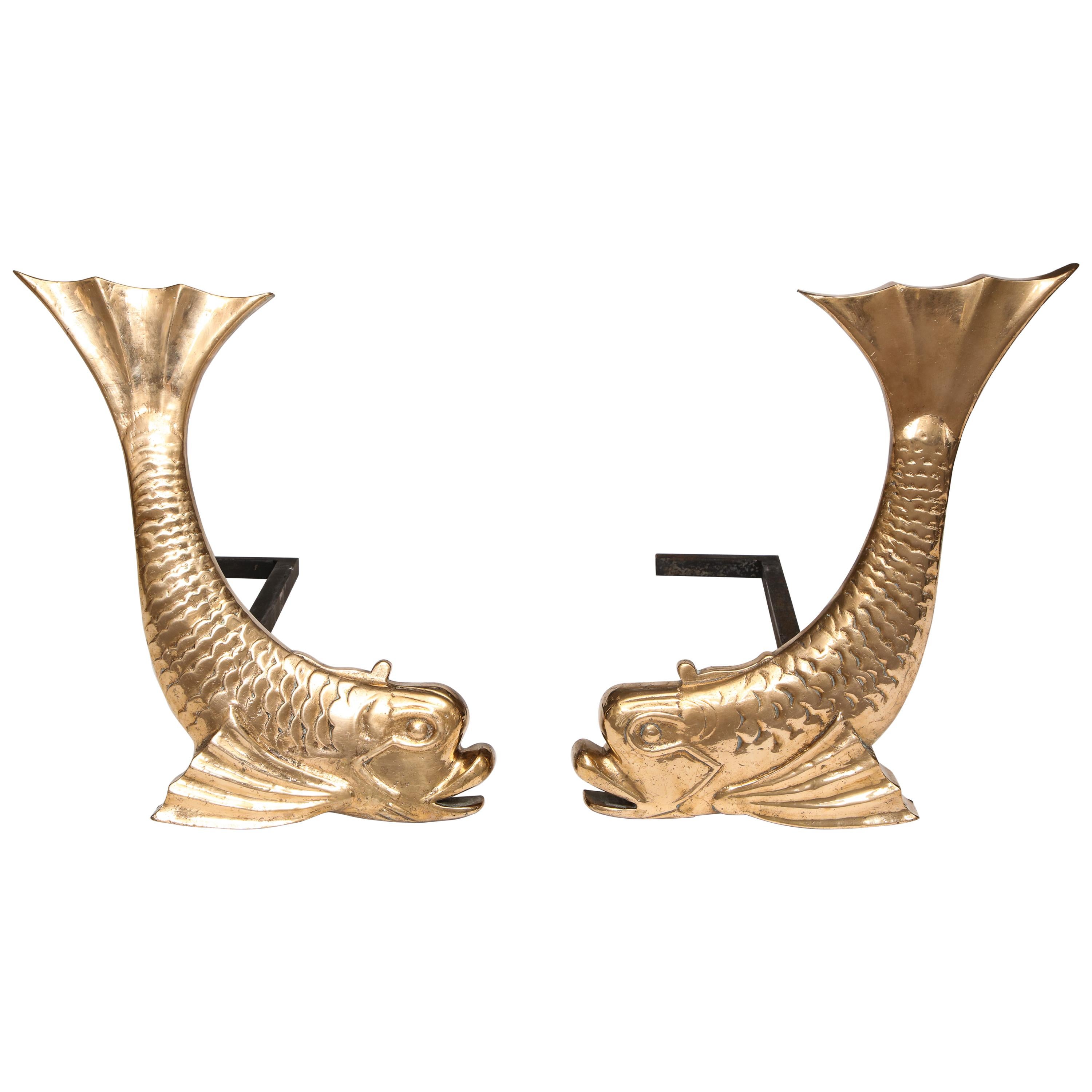 Pair of Midcentury Brass Dolphin Form Andirons