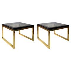Pair of Mid-Century Brass, Glass, Wood Side/ Sofa Tables from 1970's
