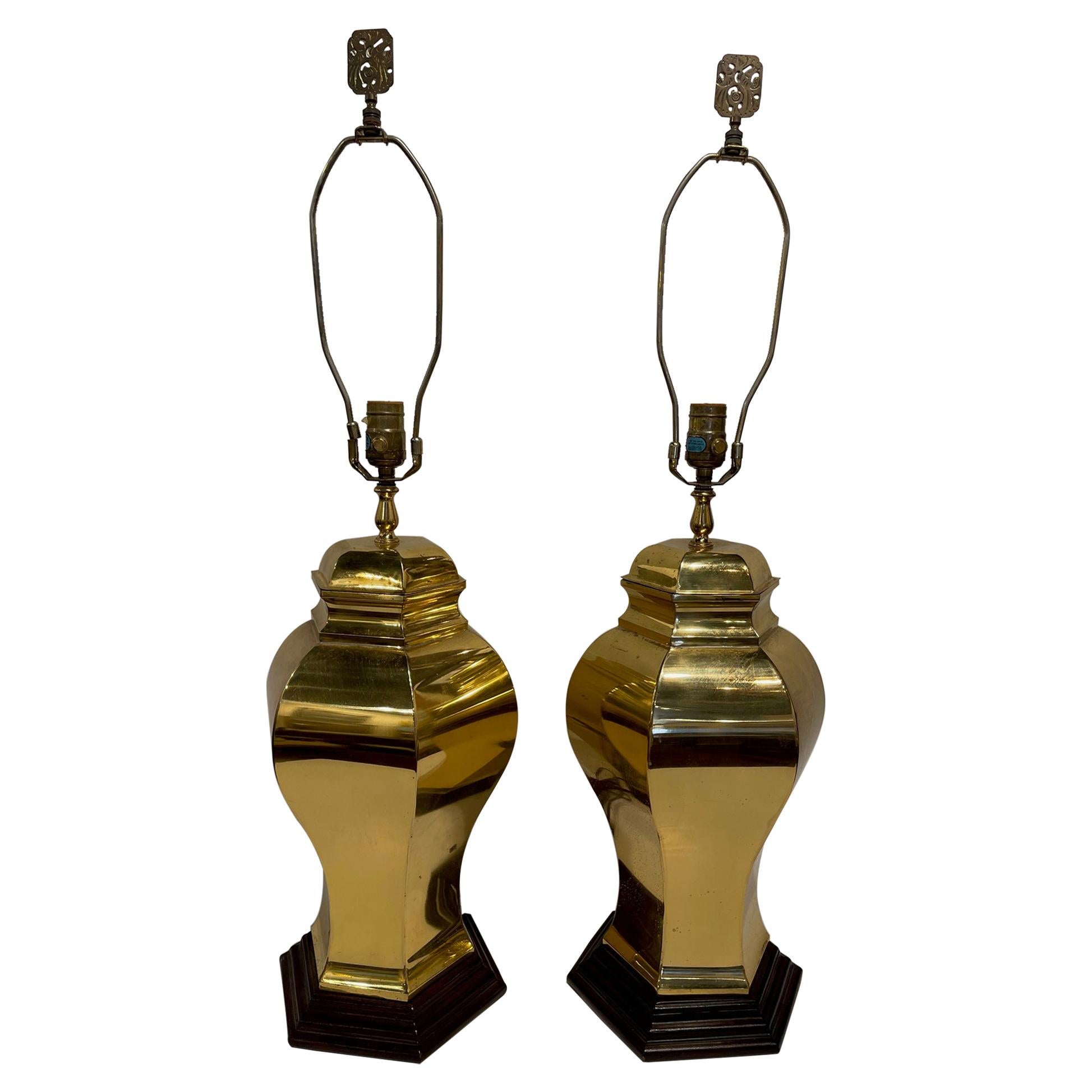 Pair of Mid-Century Brass Lamps on Wood Bases, 20th Century