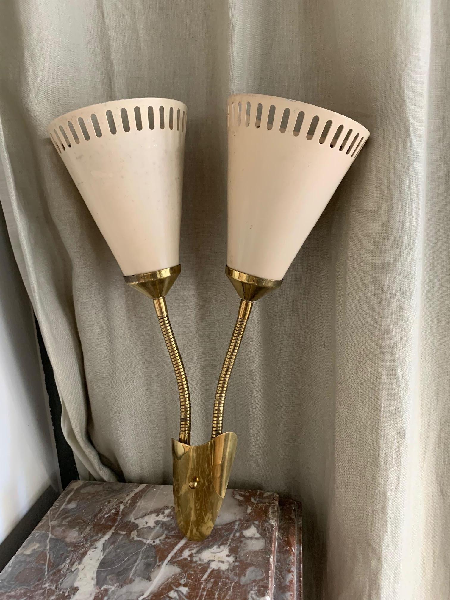 20th Century Pair of Midcentury Brass Lacquered Metal Flexible Wall Sconces by Lunel