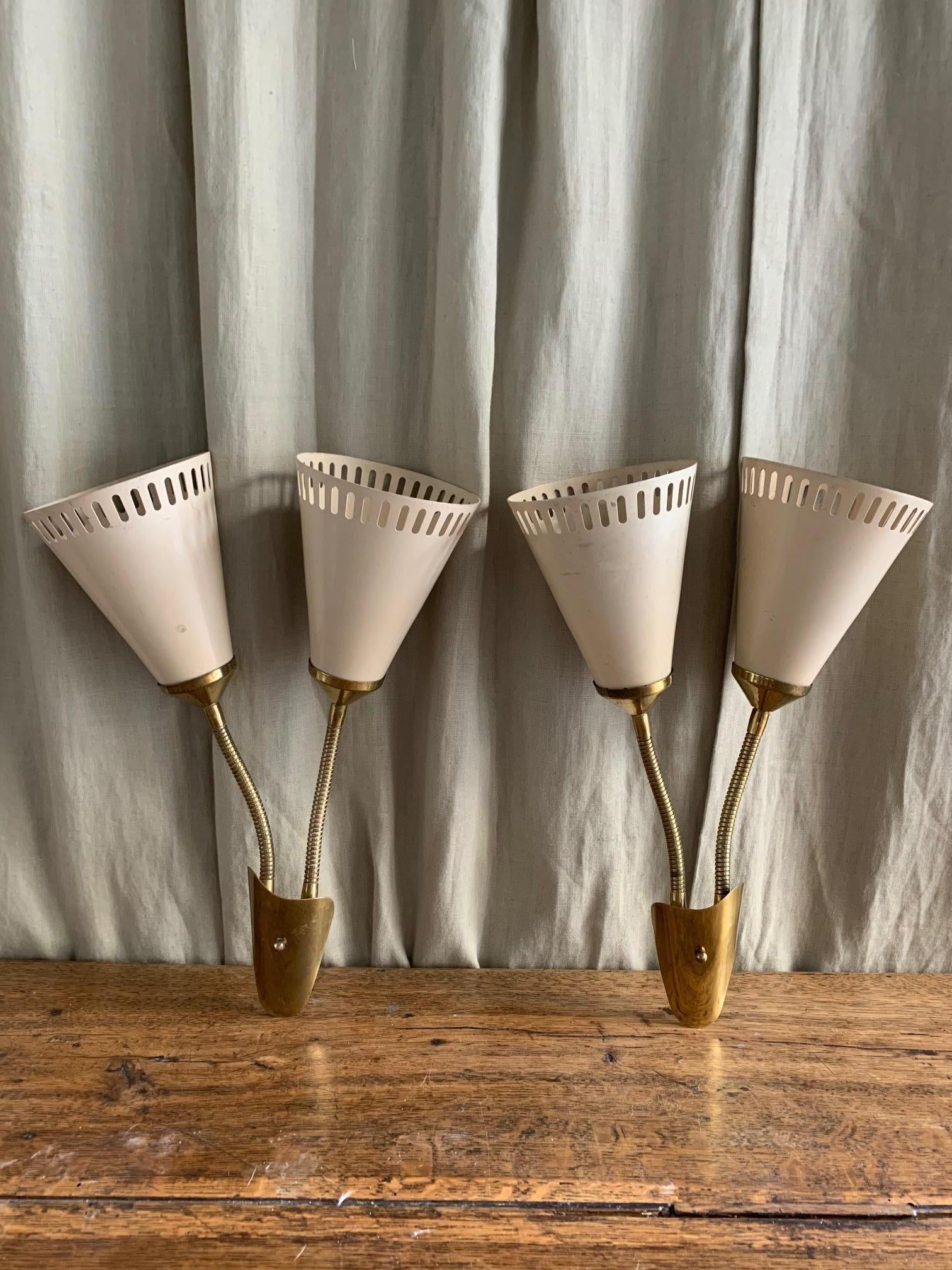 Pair of Midcentury Brass Lacquered Metal Flexible Wall Sconces by Lunel 1
