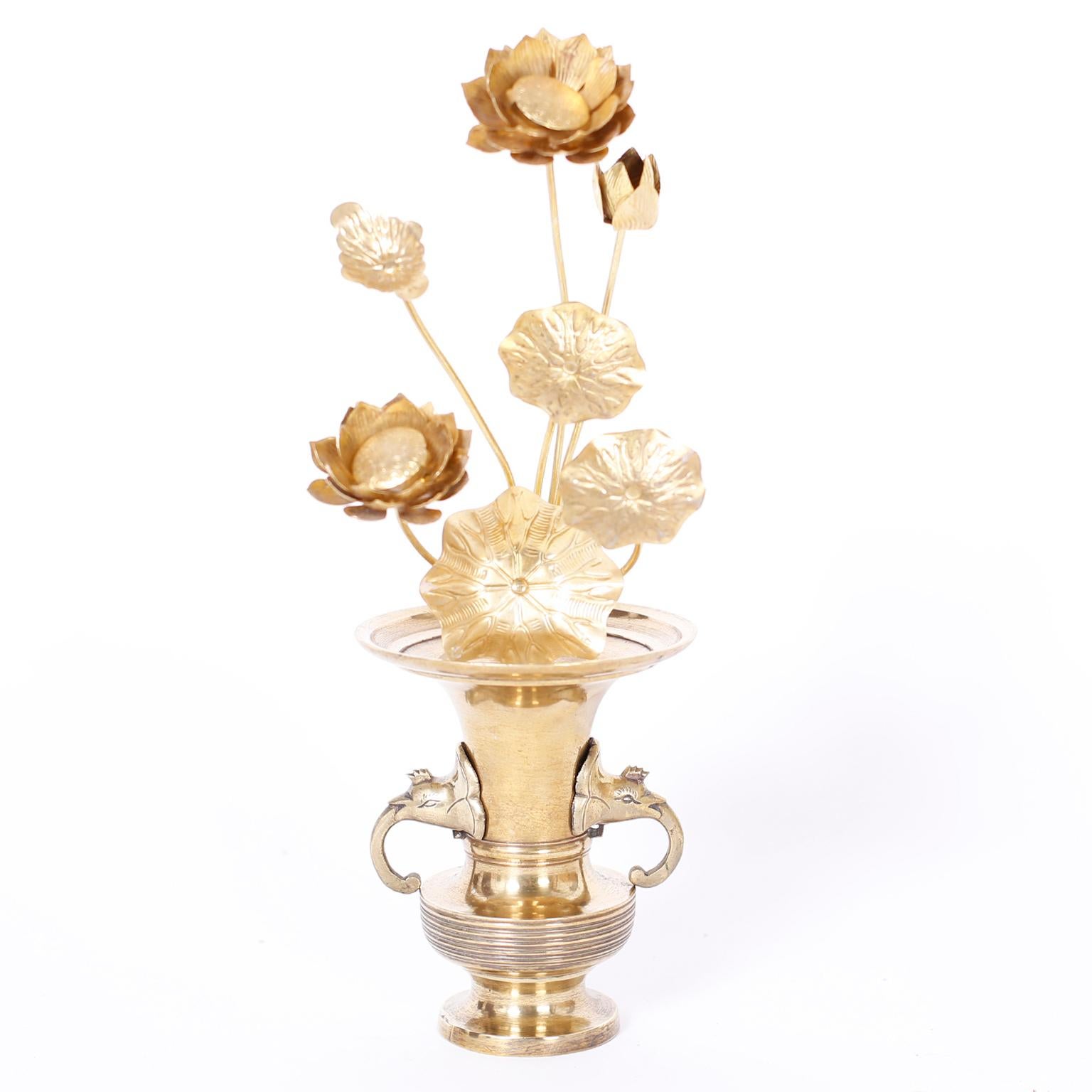 Chinoiserie Pair of Midcentury Brass Lotus Flower Arrangements in Brass Vases