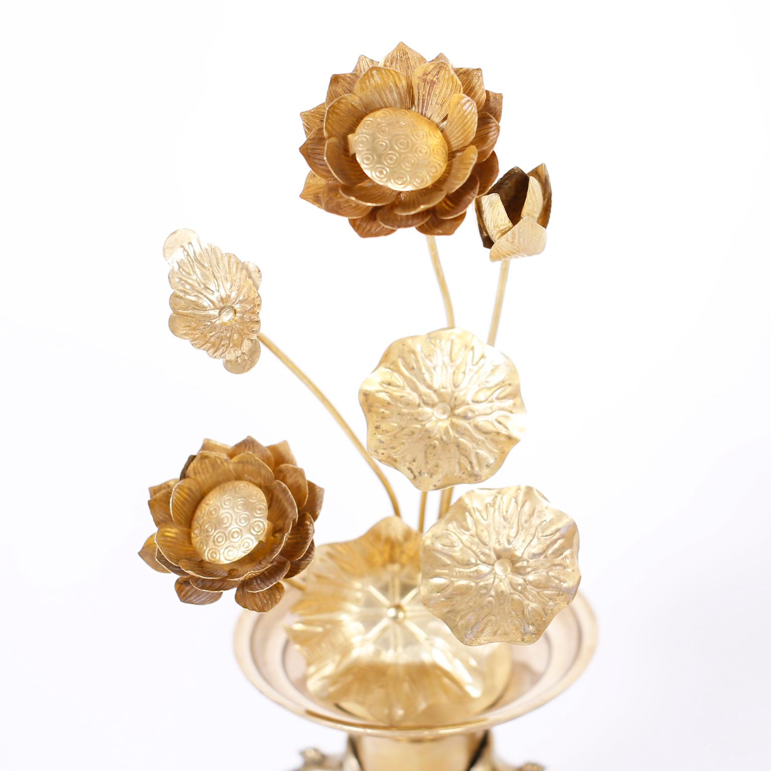 Pair of Midcentury Brass Lotus Flower Arrangements in Brass Vases In Good Condition In Palm Beach, FL