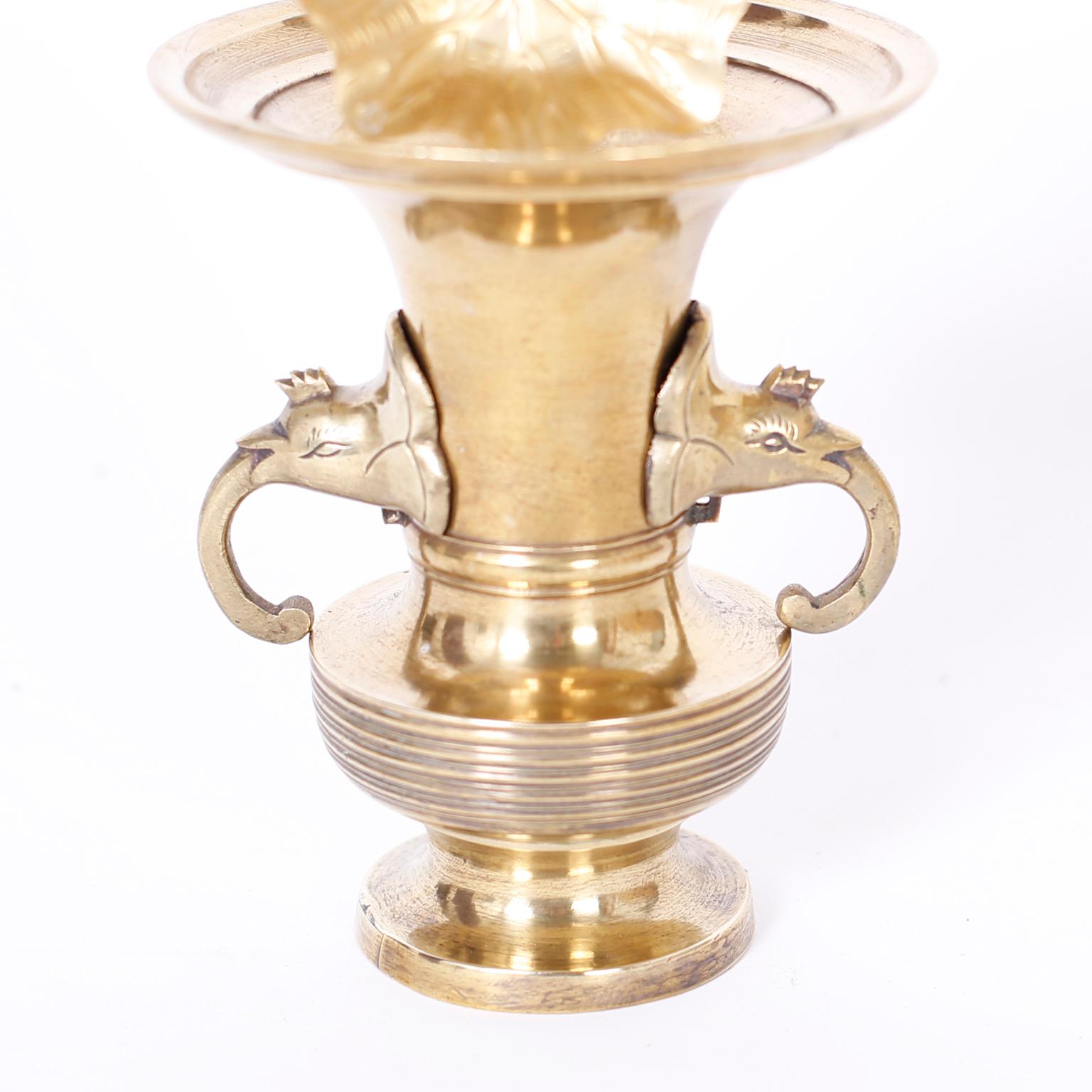 20th Century Pair of Midcentury Brass Lotus Flower Arrangements in Brass Vases
