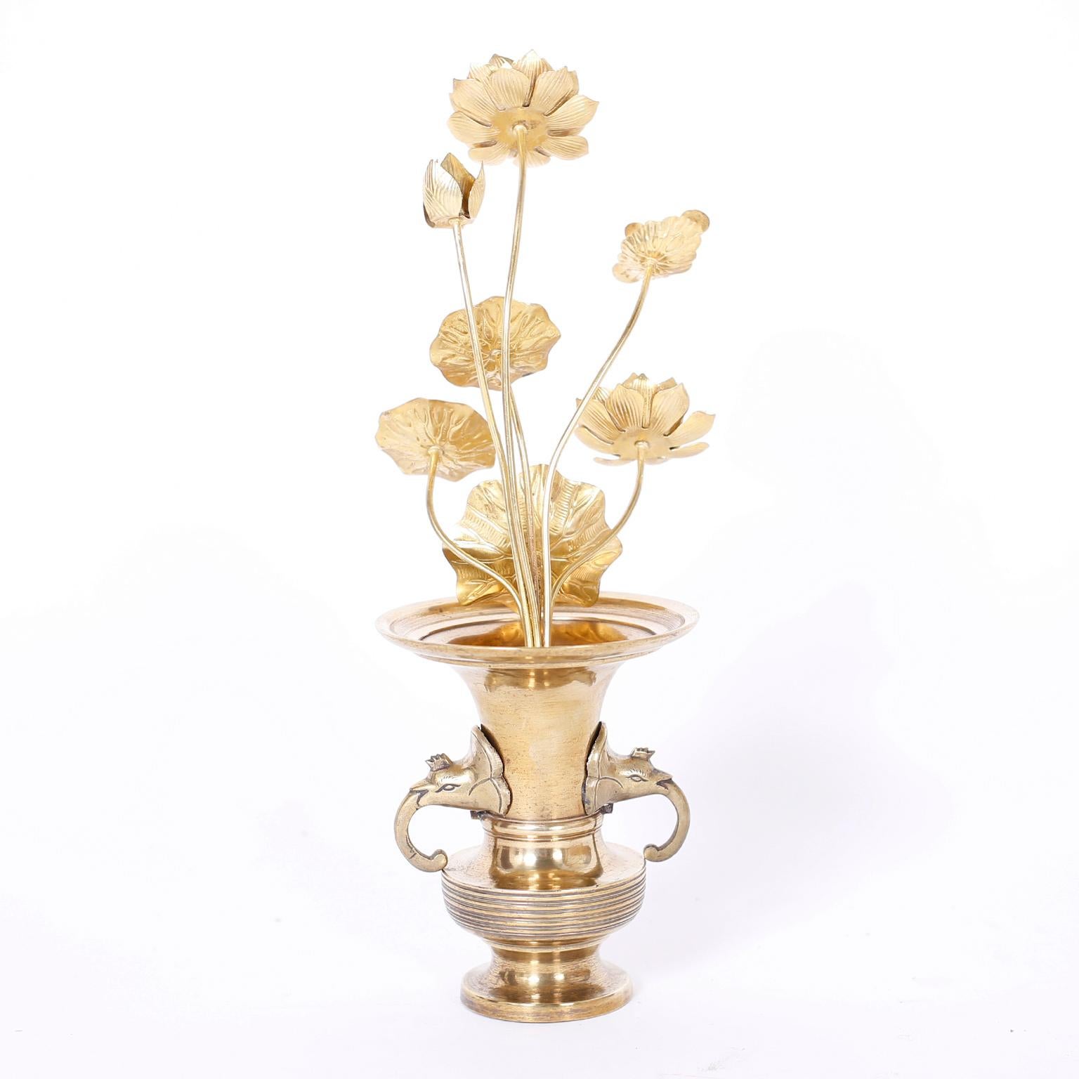 Pair of Midcentury Brass Lotus Flower Arrangements in Brass Vases 2