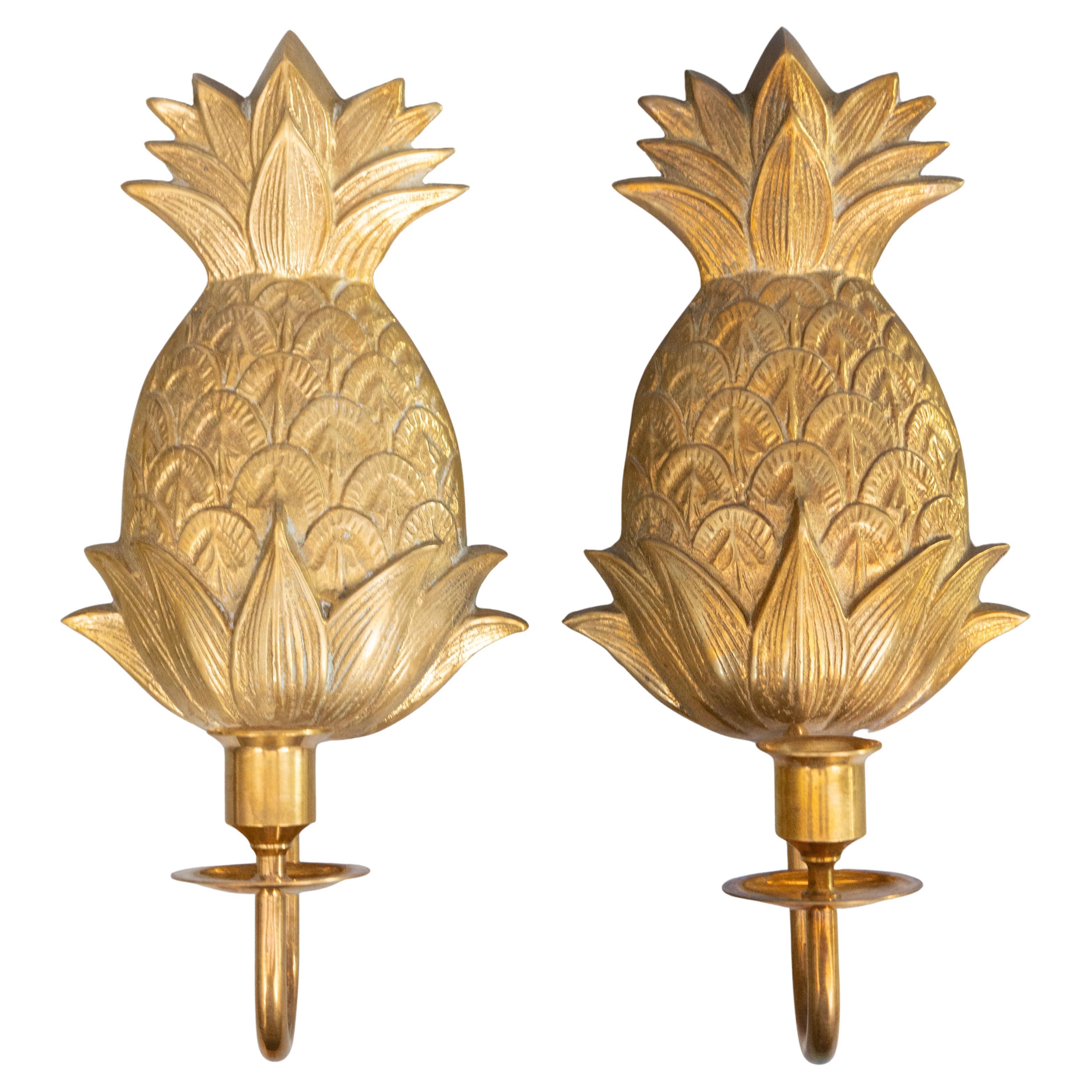 Paar Ananas-Wandkerzenleuchter aus Messing aus der Jahrhundertmitte