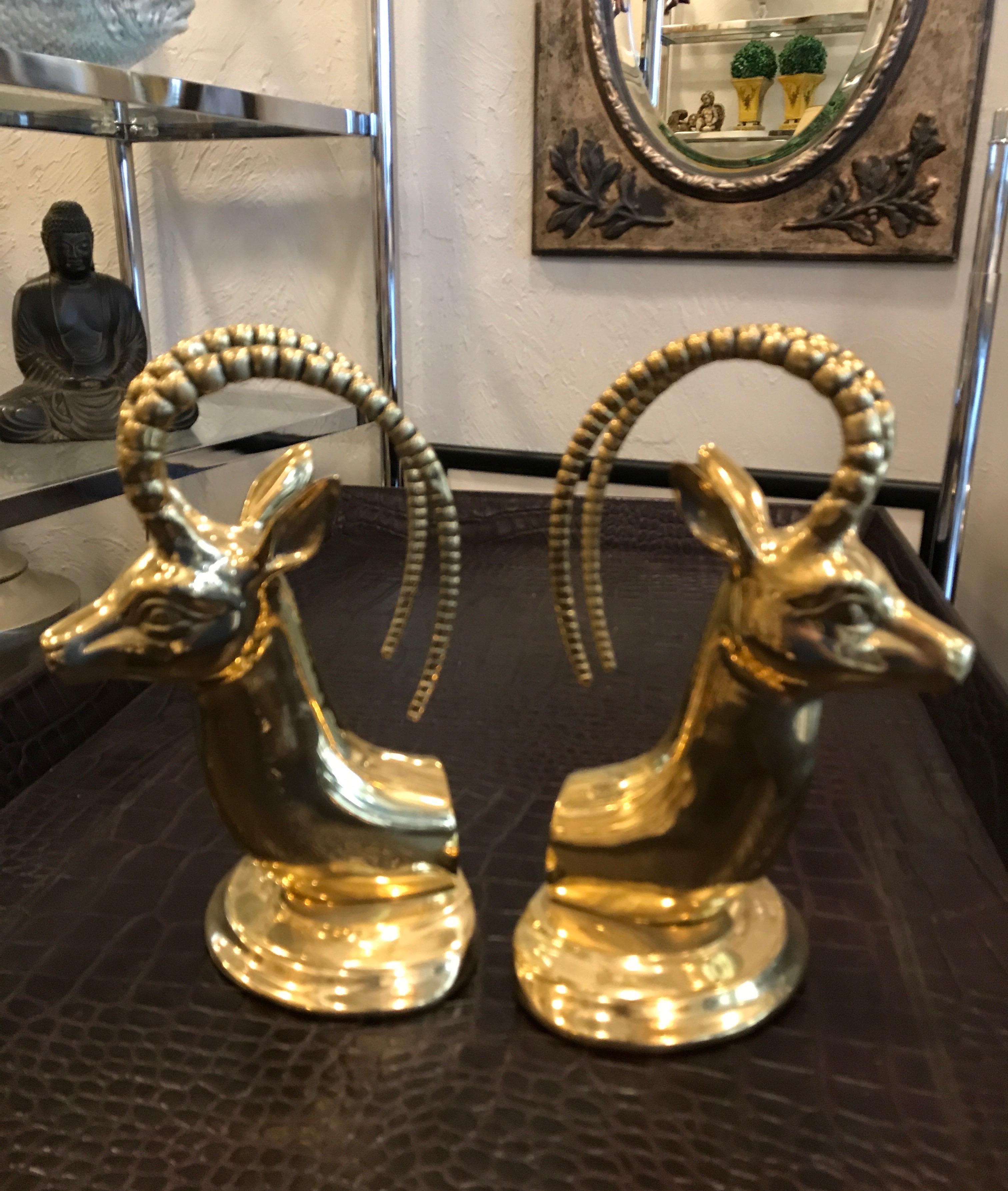 Pair of Midcentury Brass Ram Head Bookends 1