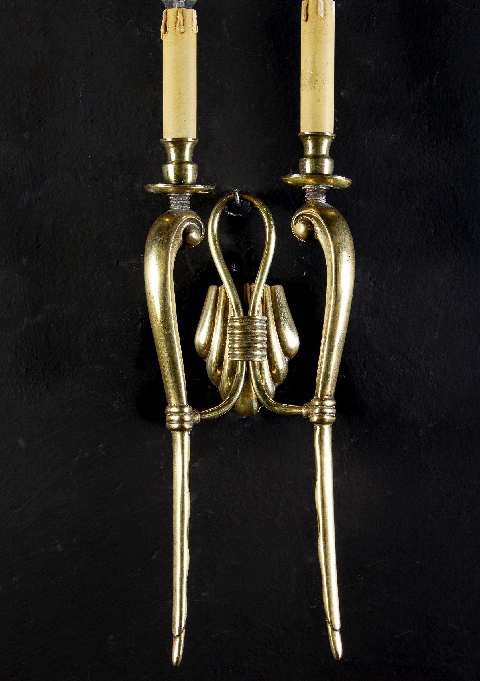 Pair of Midcentury Brass Scones or Wall Lights Italy Guglielmo Ulrich Style 1940 For Sale 6