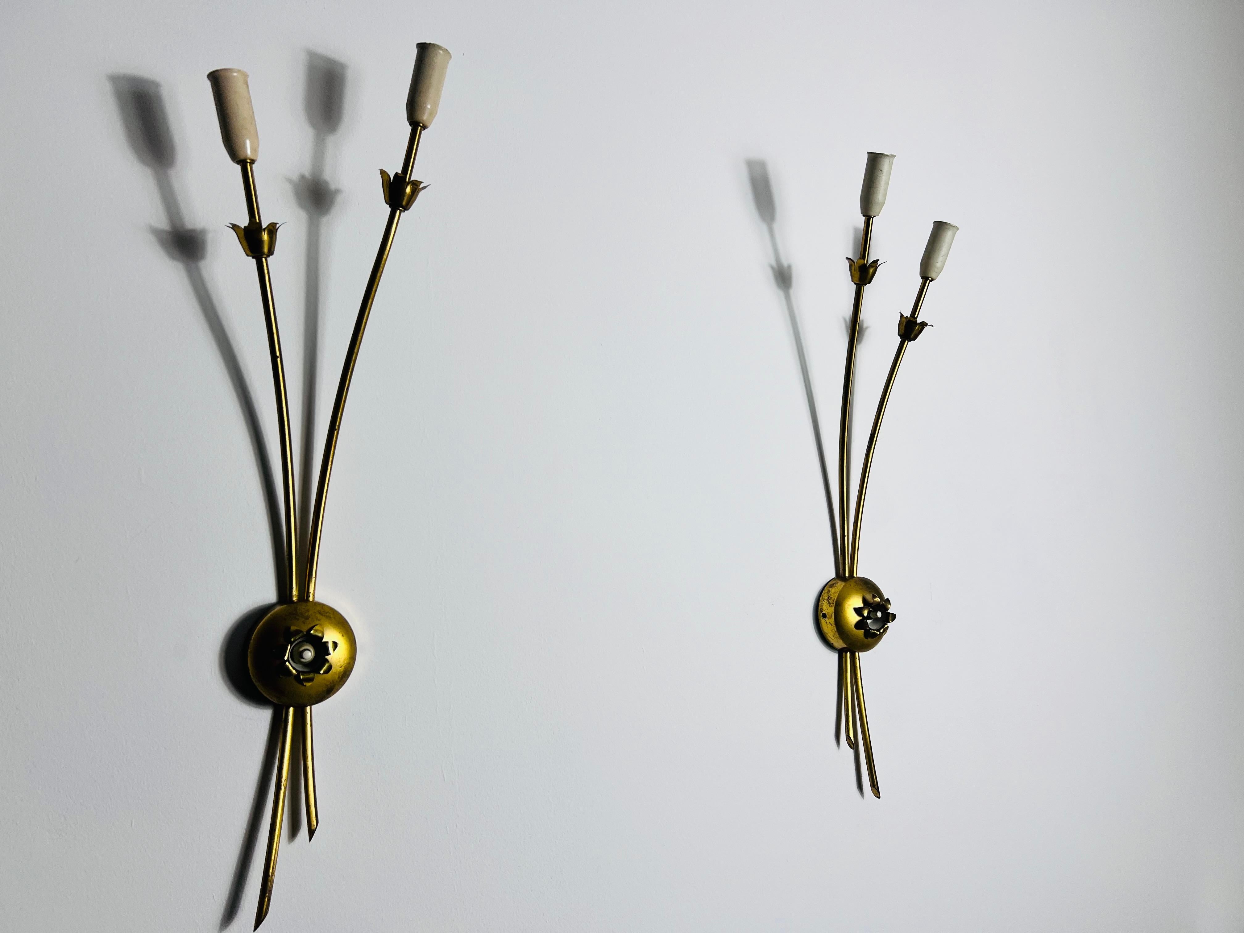 Mid-20th Century Pair of Mid-Century Brass Sputnik Wall Lamps, Italy, 1960s For Sale