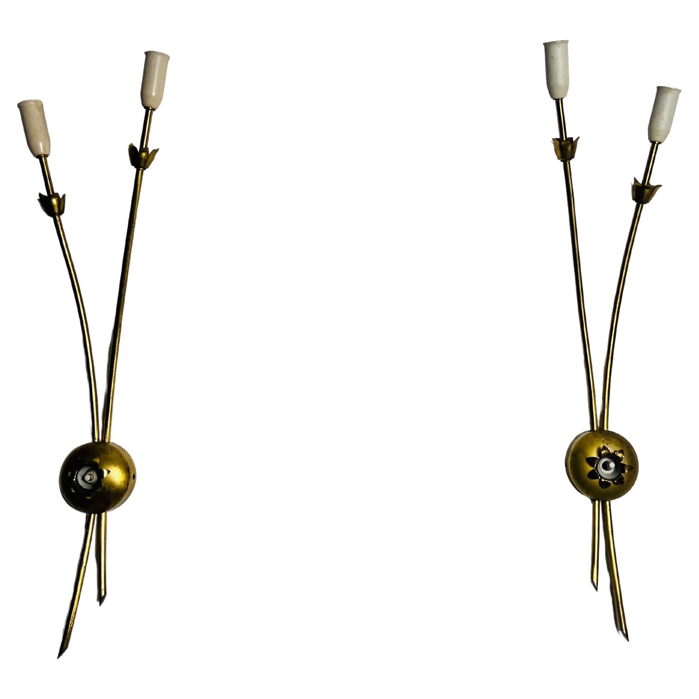 Paar Sputnik-Wandlampen aus Messing aus der Jahrhundertmitte, Italien, 1960er Jahre