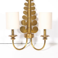 Pair of Mid-Century Brass Two-Arm Sconces w/ Sculptural Volute Motif