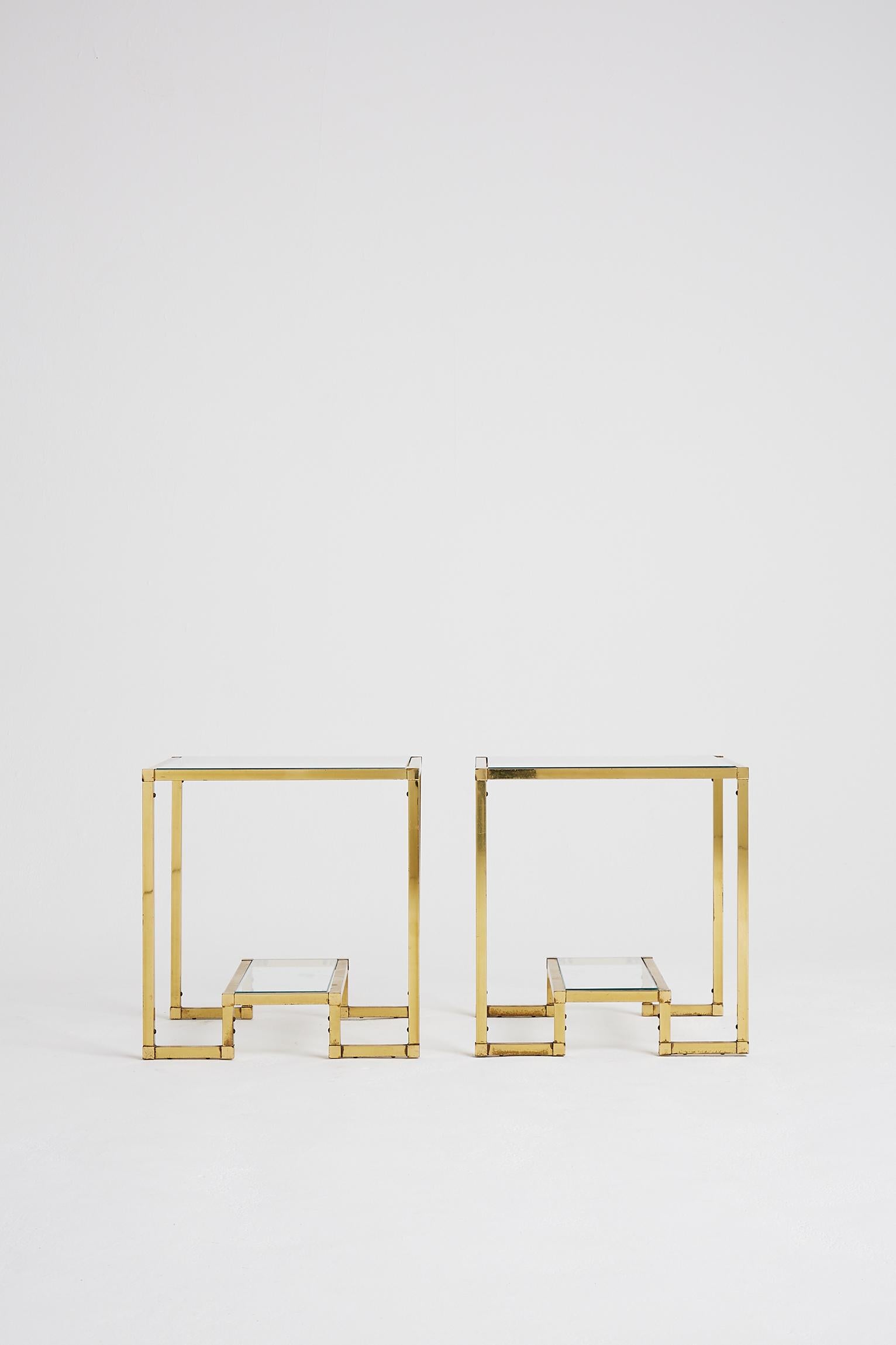 French Pair of Midcentury Brass Two-Tiered Side Tables