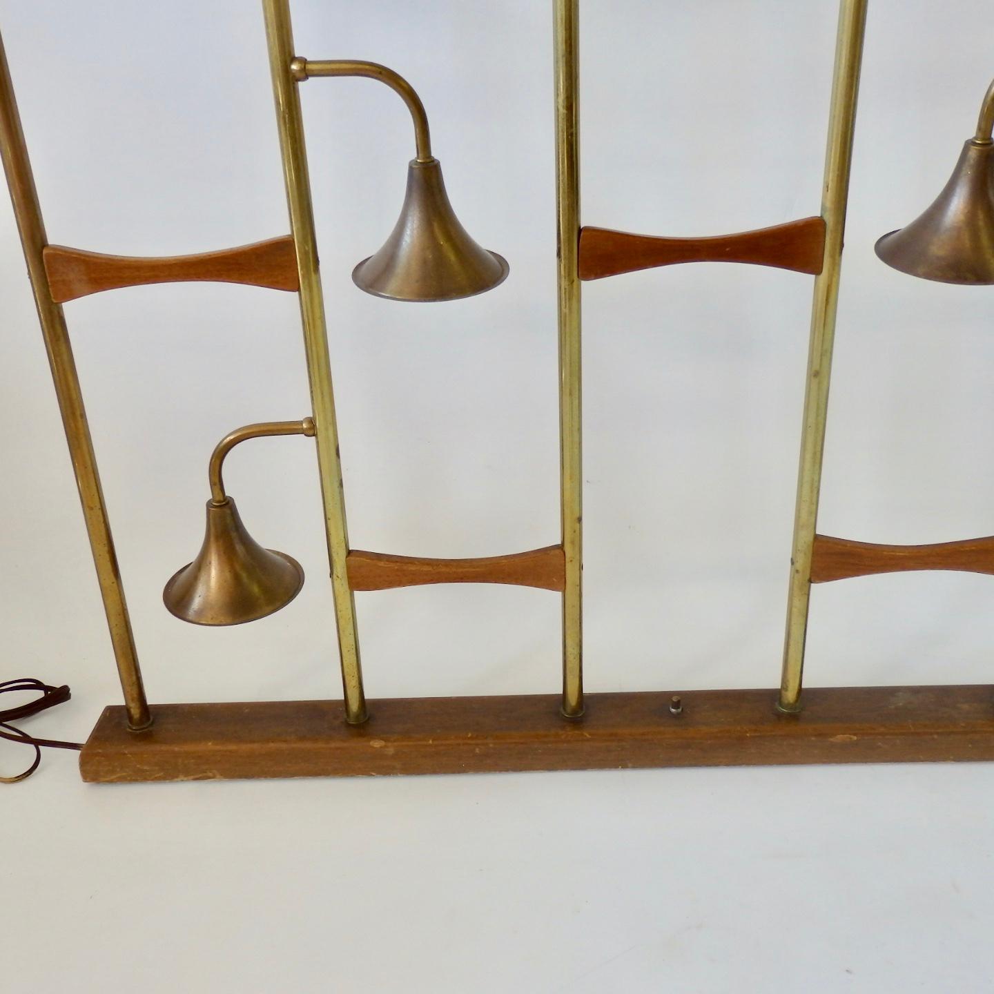 Pair of Midcentury Brass with Walnut Spring Loaded Light Up Room Dividers 2