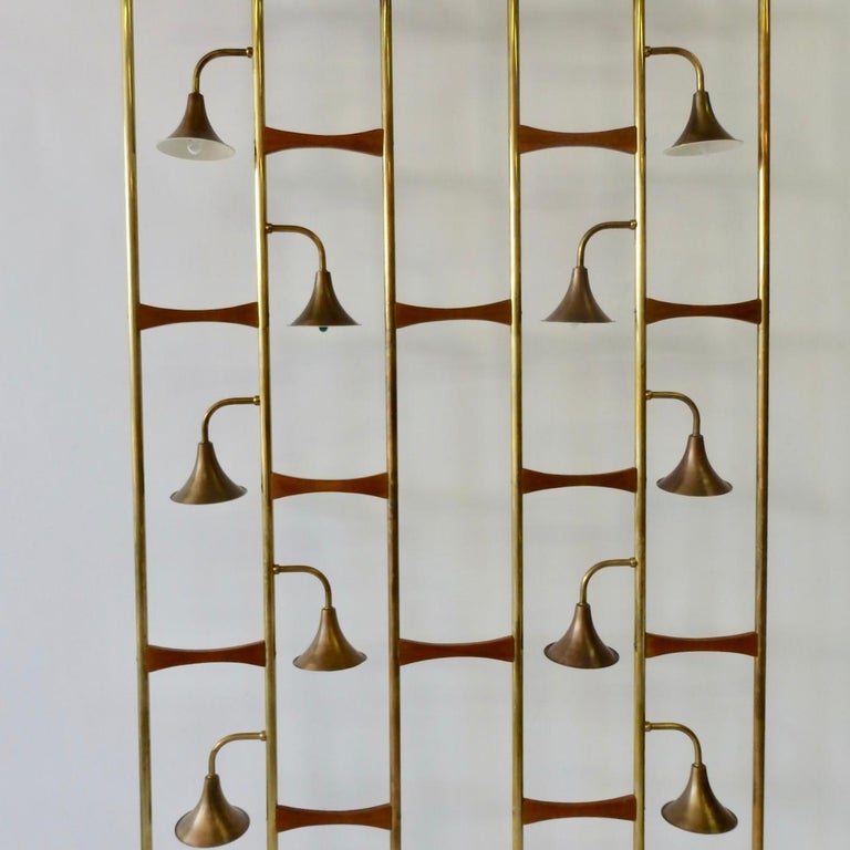 Pair of Midcentury Brass with Walnut Spring Loaded Light Up Room Dividers at 1stDibs