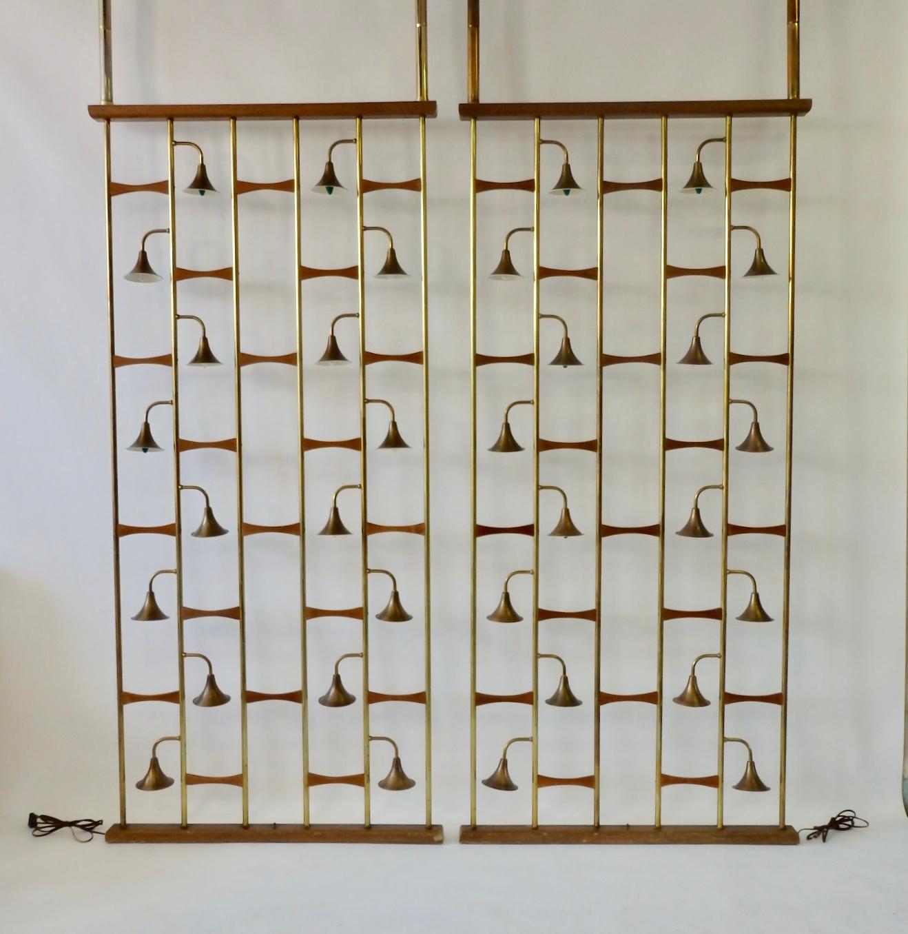 American Pair of Midcentury Brass with Walnut Spring Loaded Light Up Room Dividers