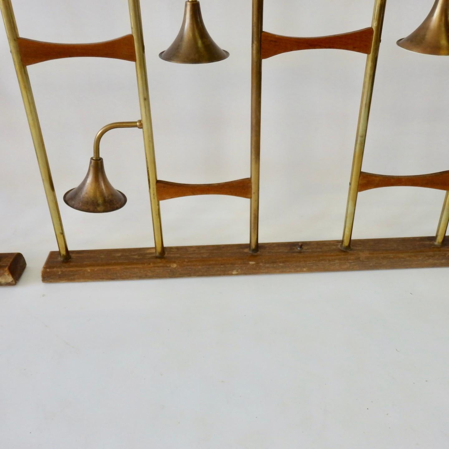 Pair of Midcentury Brass with Walnut Spring Loaded Light Up Room Dividers In Good Condition In Ferndale, MI