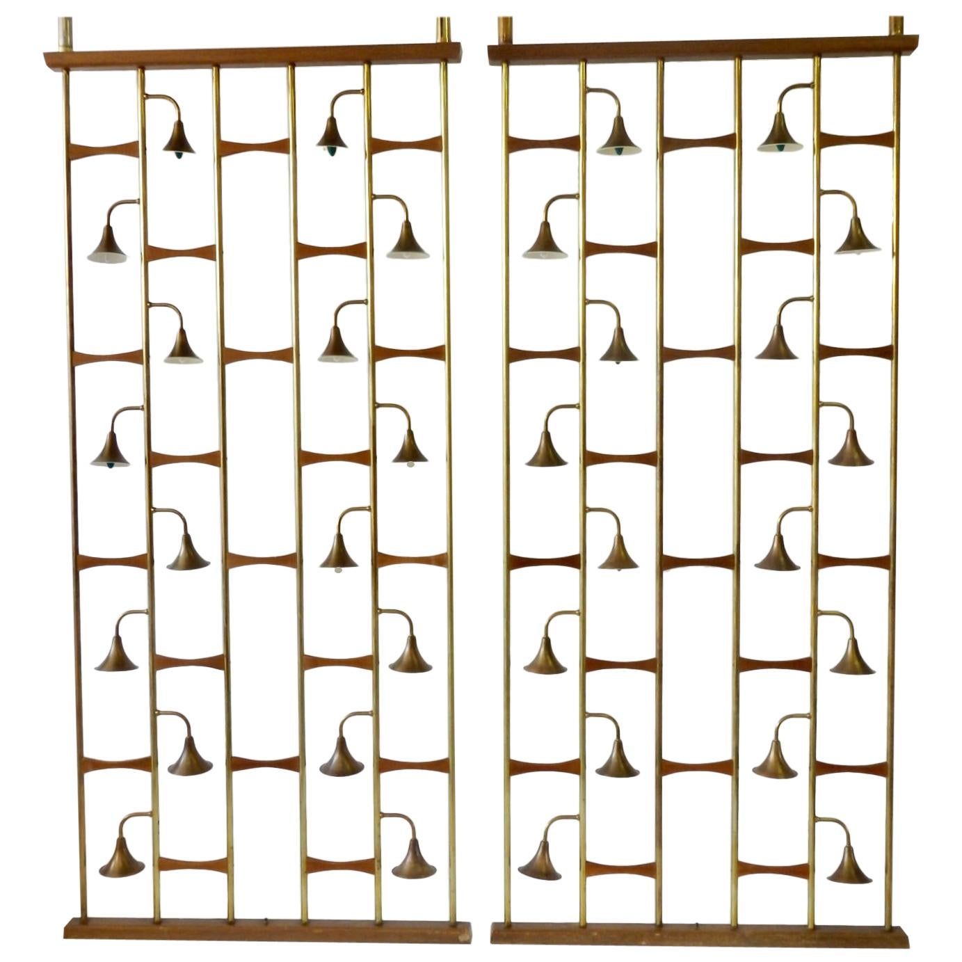 Pair of Midcentury Brass with Walnut Spring Loaded Light Up Room Dividers