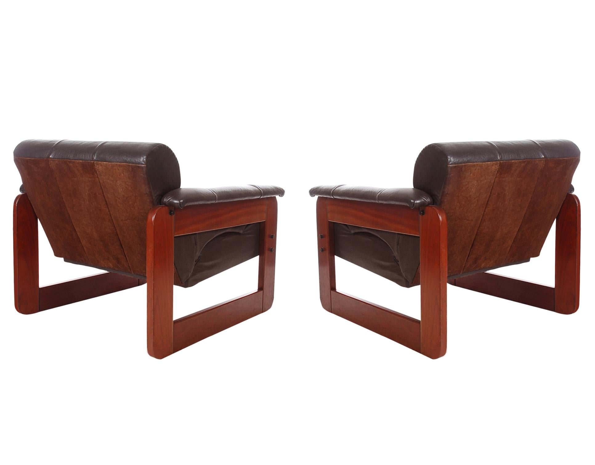 Mid-Century Modern Pair of Midcentury Brazilian Modern Brown Leather Lounge Chairs