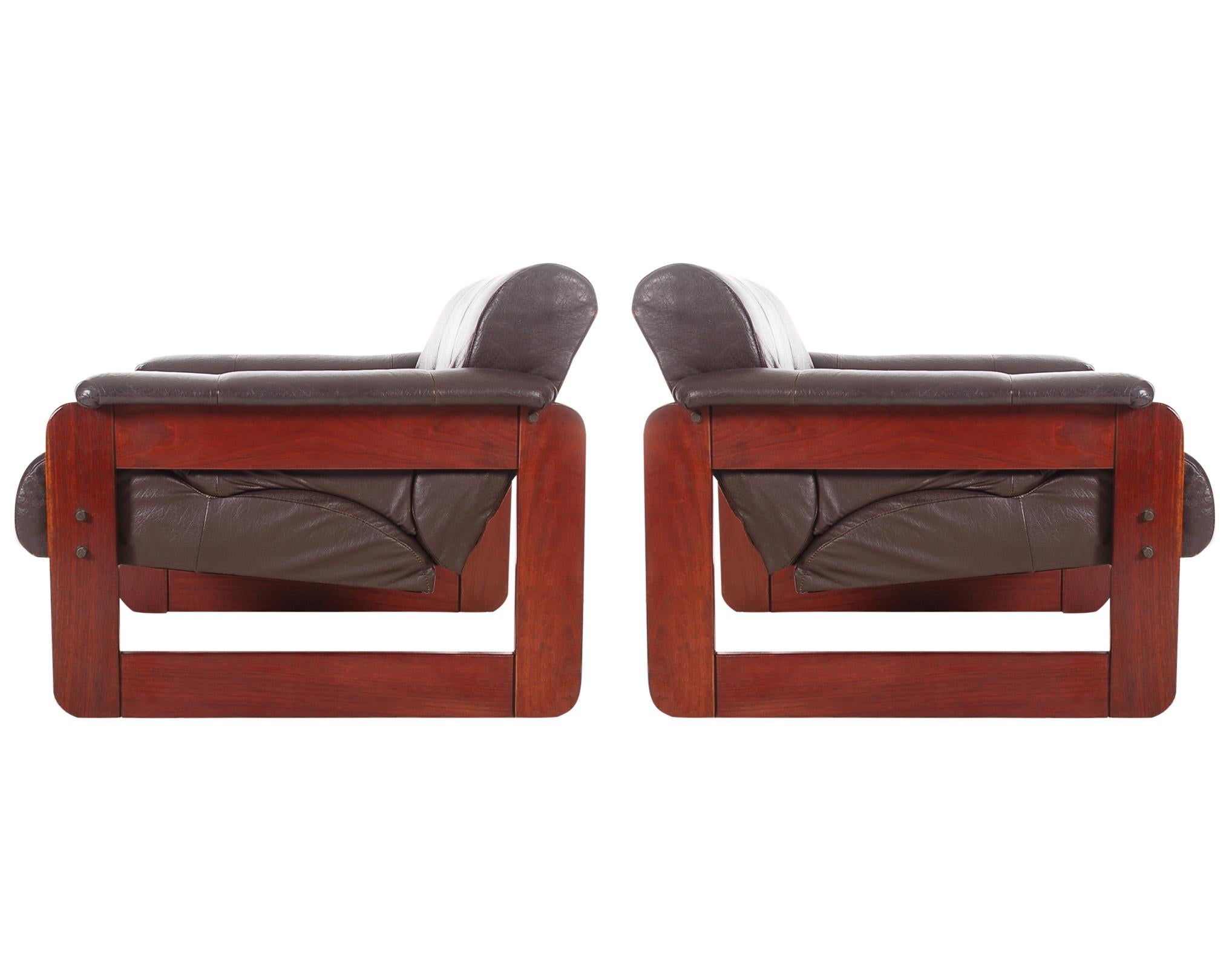 Pair of Midcentury Brazilian Modern Brown Leather Lounge Chairs 2