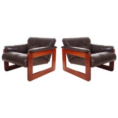 Pair of Midcentury Brazilian Modern Brown Leather Lounge Chairs