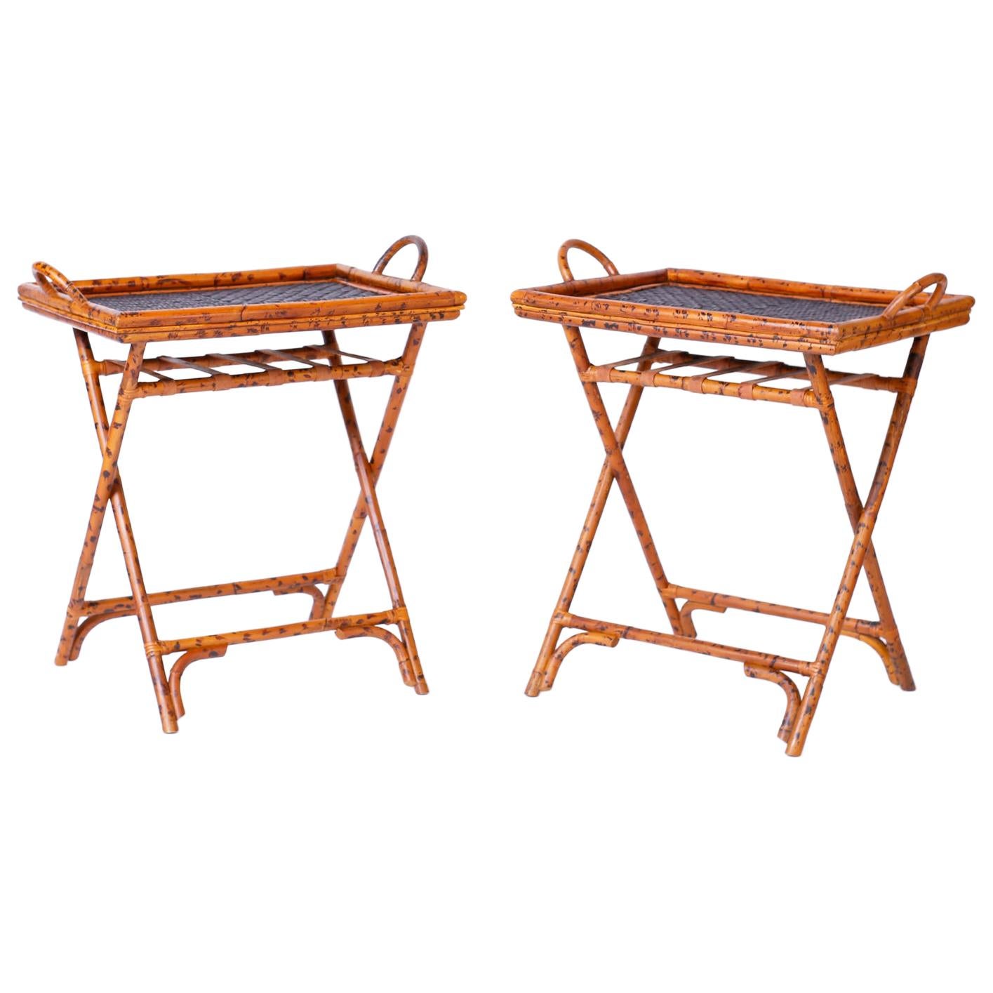 Pair of Midcentury British Colonial Style Bamboo Tray Tables