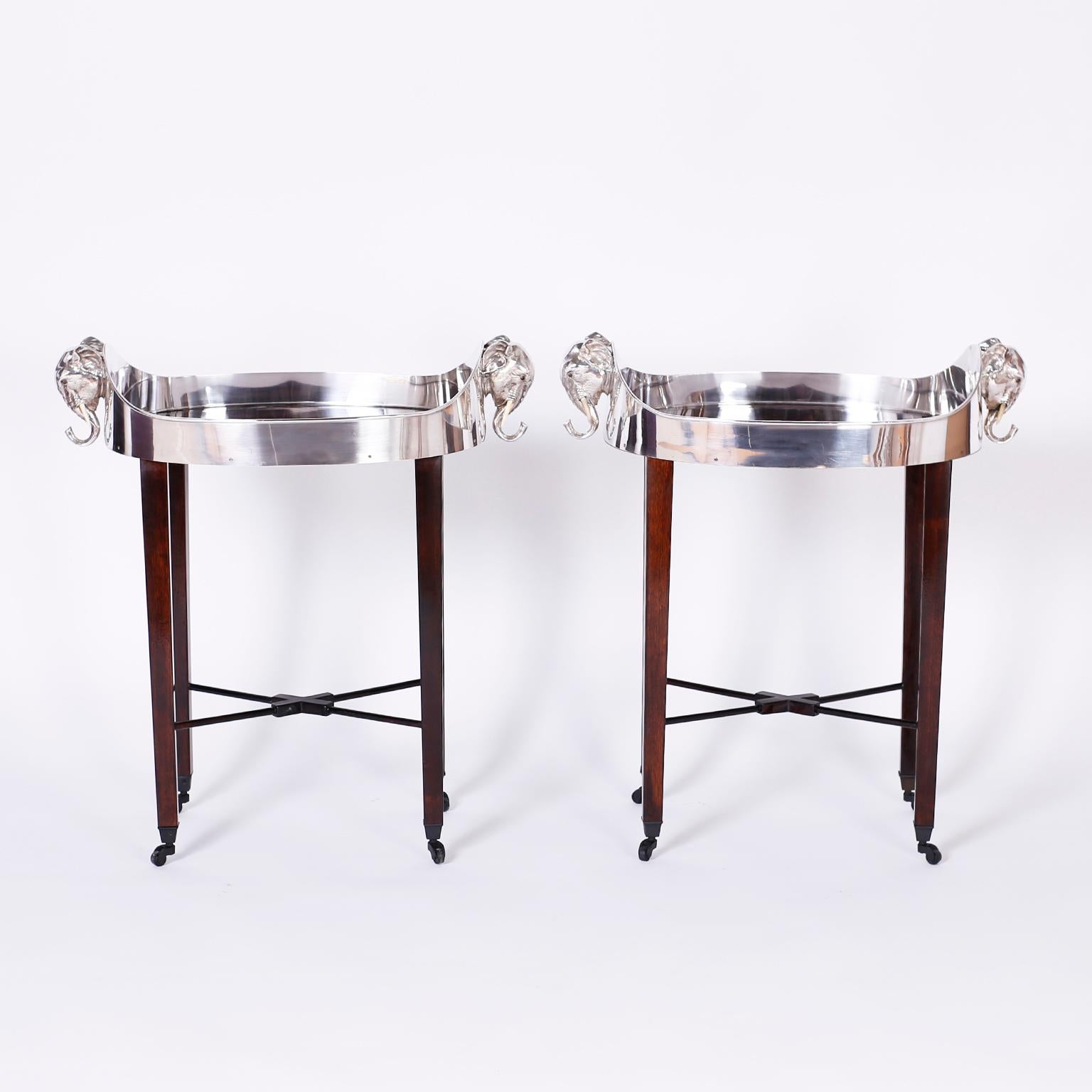 Mid-Century Modern Pair of Midcentury British Colonial Tray Tables with Elephant Head Handles