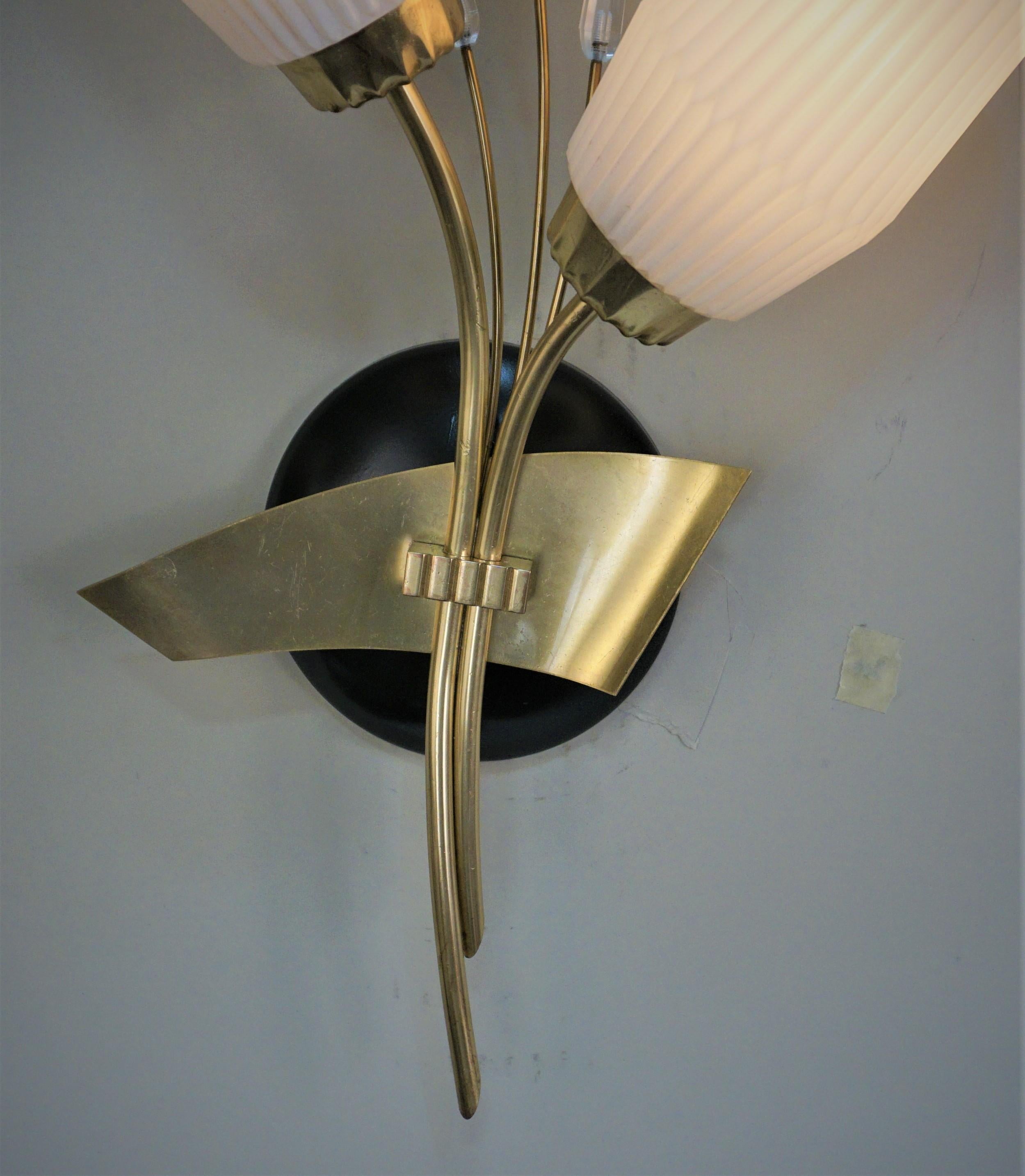 Mid-Century Modern Pair of Mid Century Bronze, Glass Wall sconces For Sale