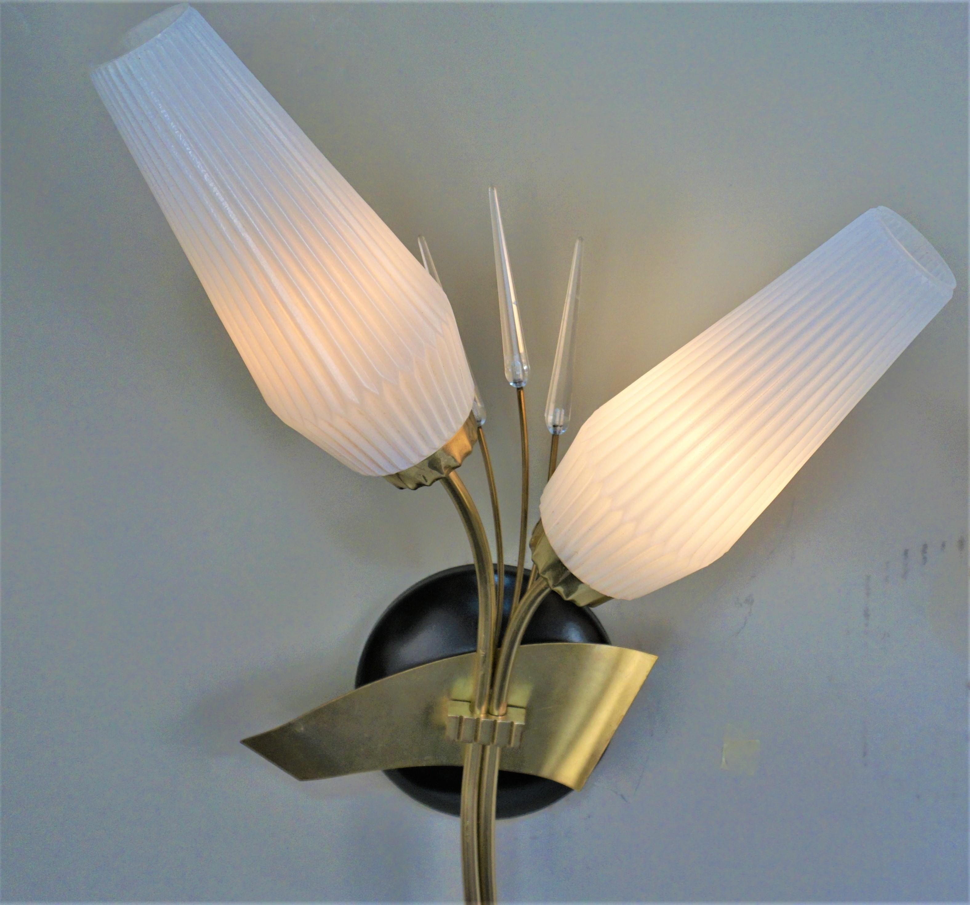 French Pair of Mid Century Bronze, Glass Wall sconces For Sale