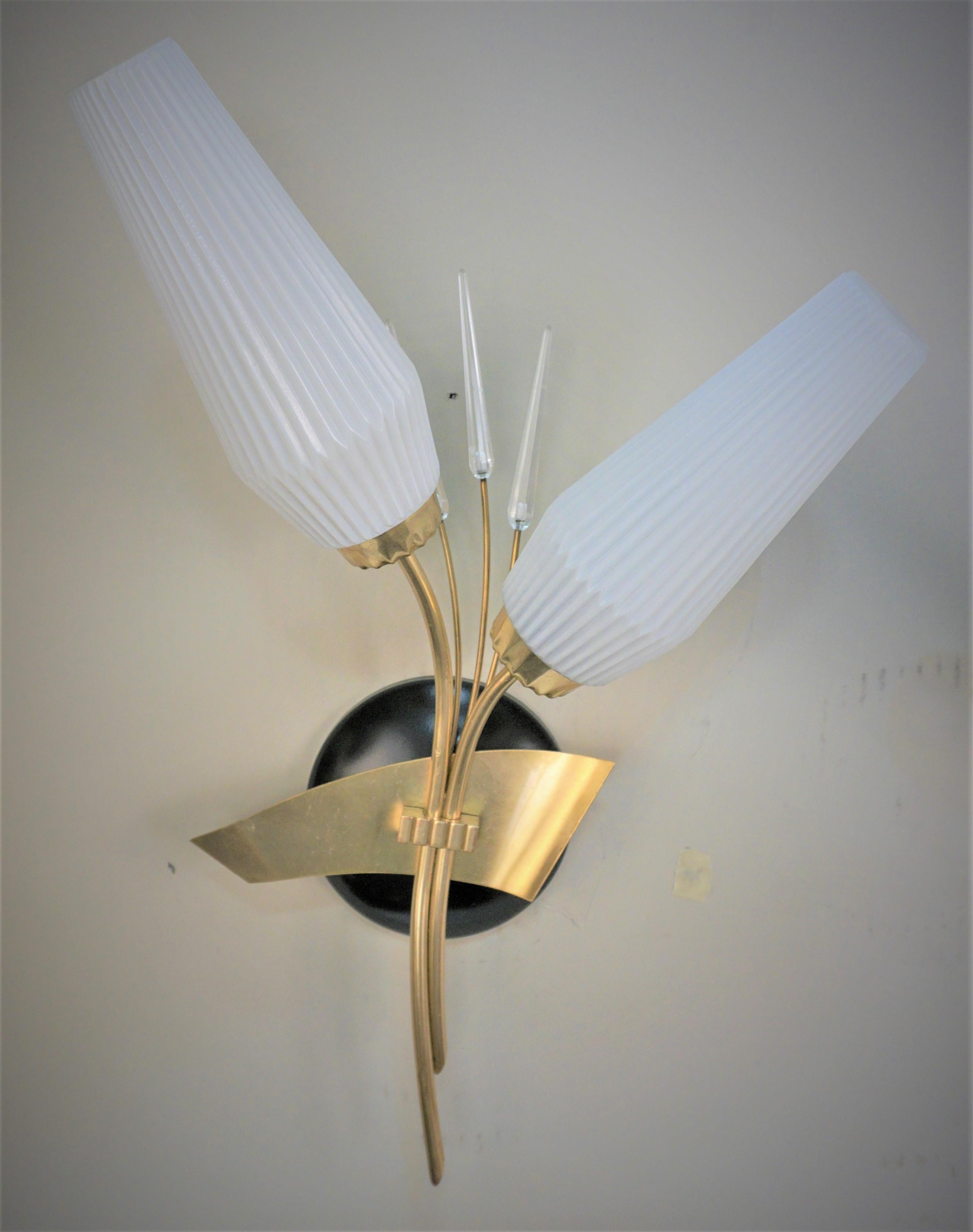 Pair of Mid Century Bronze, Glass Wall sconces For Sale 1
