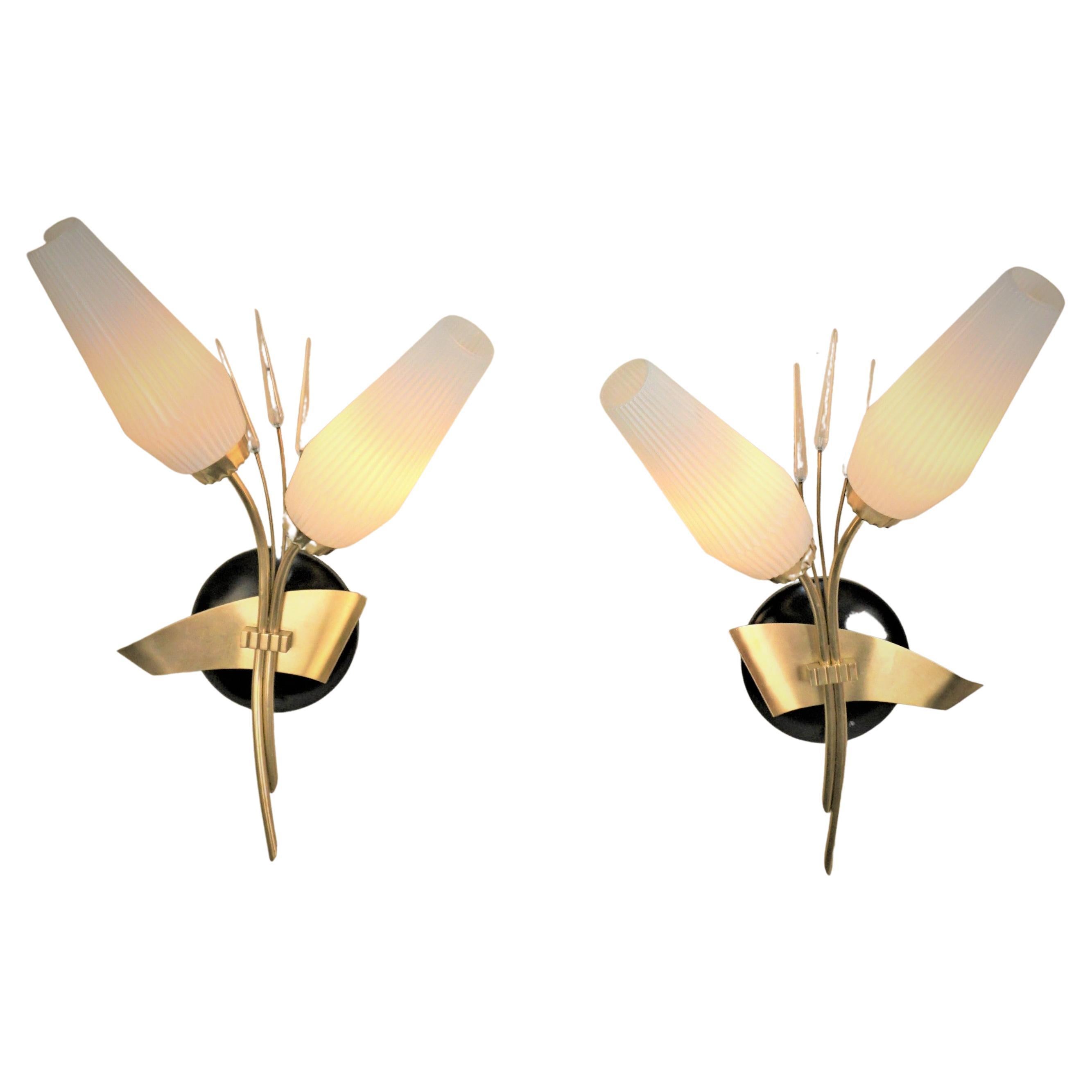 Pair of Mid Century Bronze, Glass Wall sconces For Sale