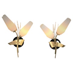 Retro Pair of Mid Century Bronze, Glass Wall sconces