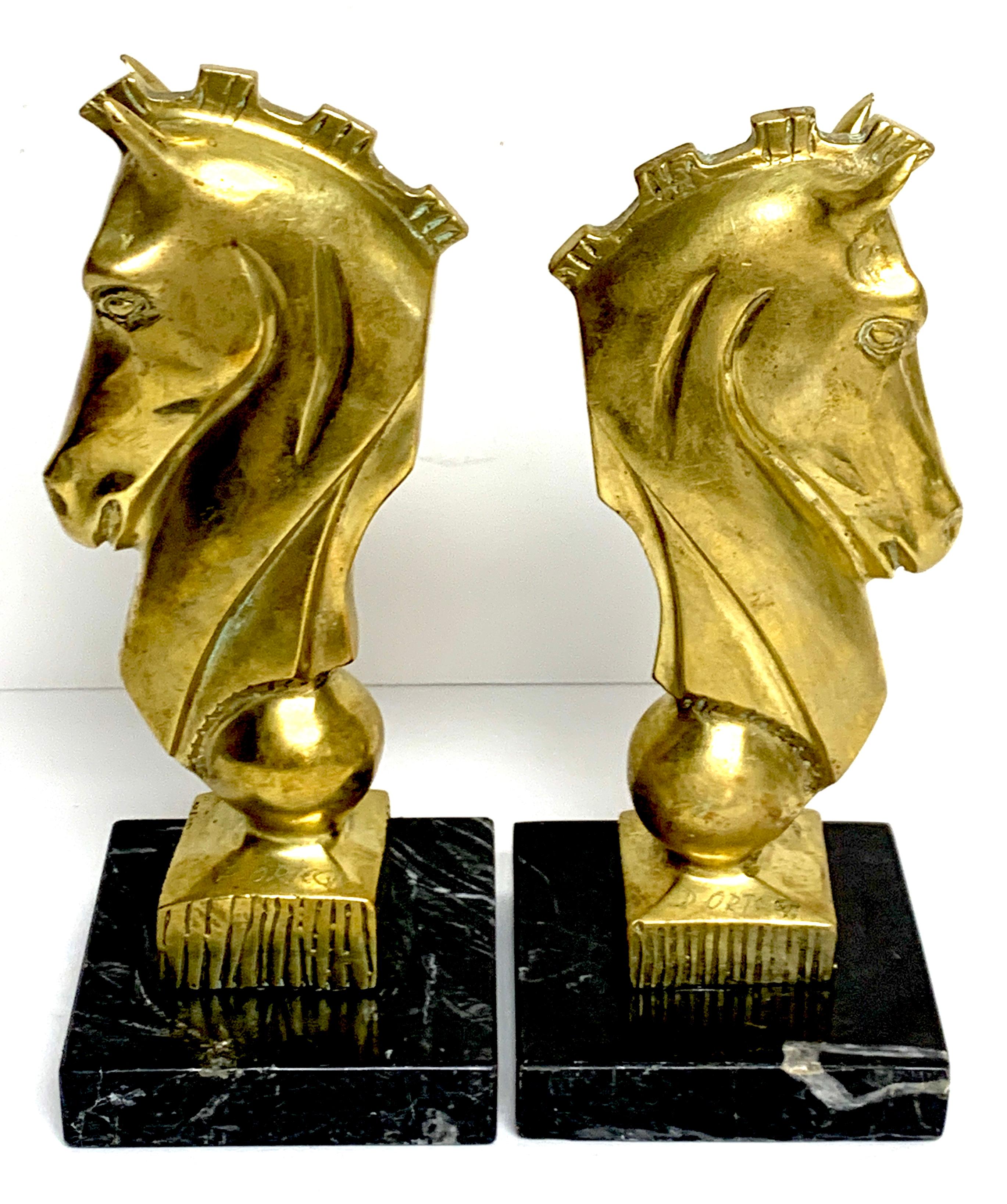 American Pair of Midcentury Bronze and Marble Horse Motif Bookends