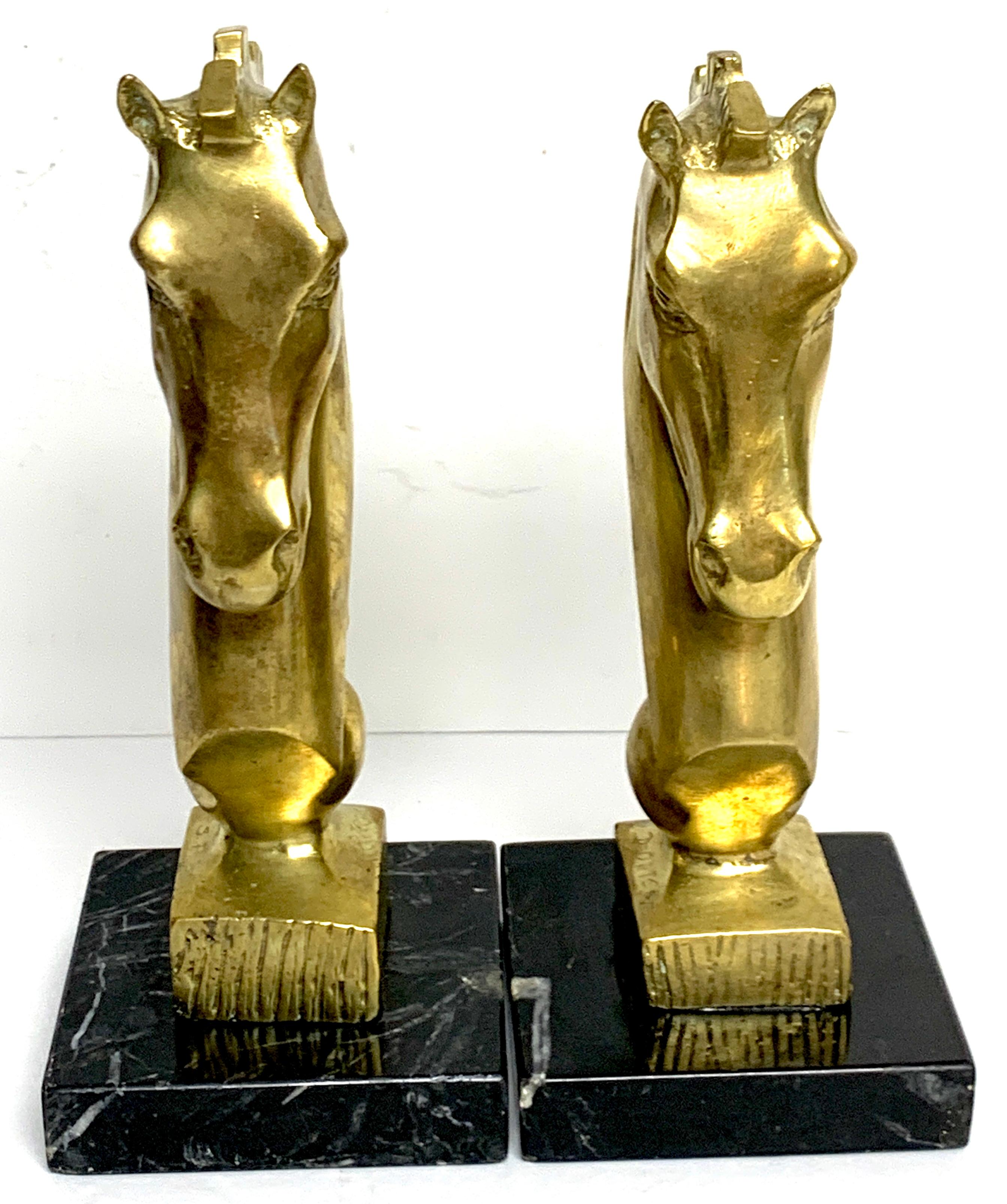 Pair of Midcentury Bronze and Marble Horse Motif Bookends In Good Condition In West Palm Beach, FL