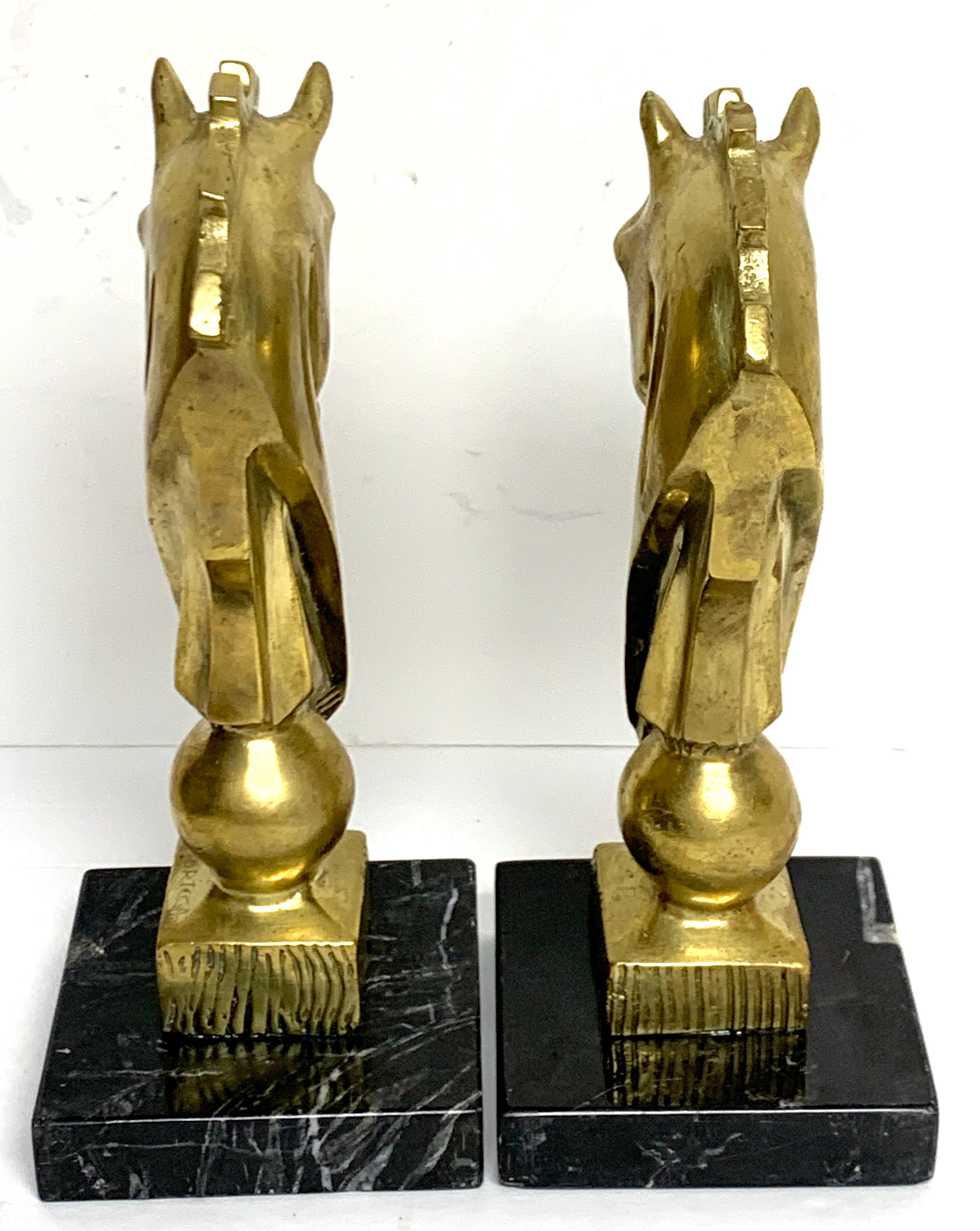 20th Century Pair of Midcentury Bronze and Marble Horse Motif Bookends