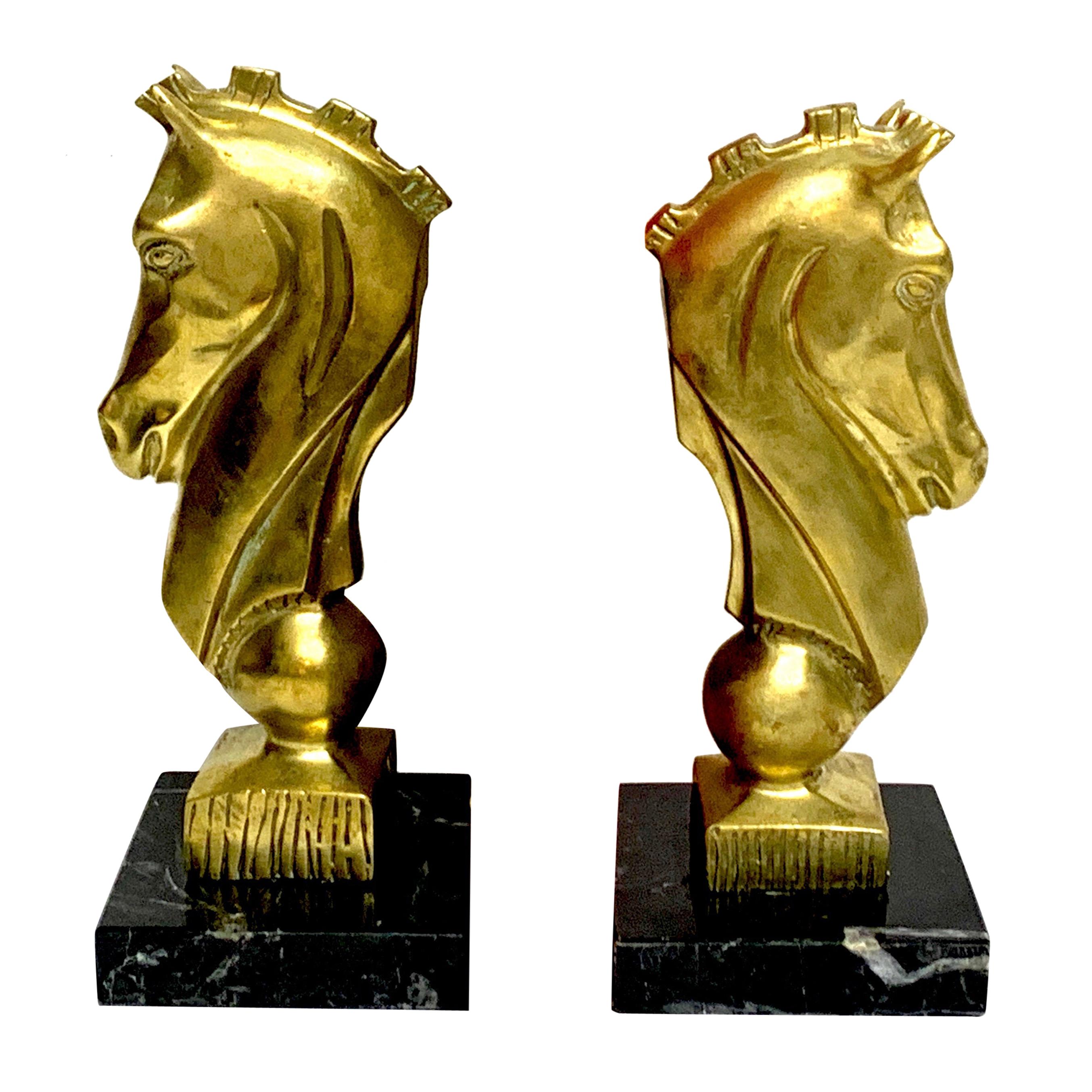 Pair of Midcentury Bronze and Marble Horse Motif Bookends