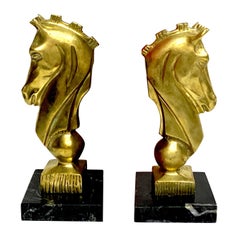 Vintage Pair of Midcentury Bronze and Marble Horse Motif Bookends