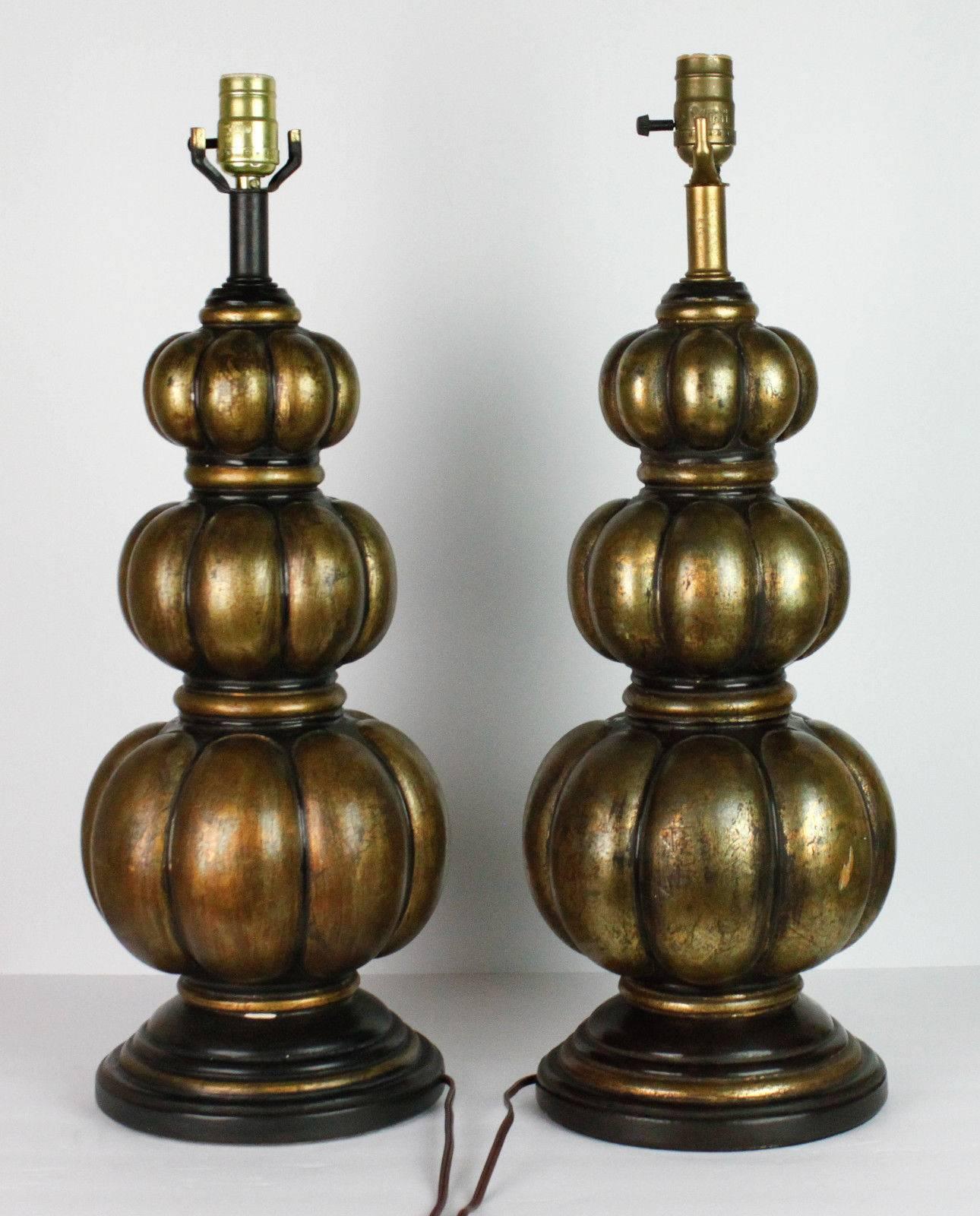 Pair of Midcentury Bronze Patina Gourd Lamps For Sale 6