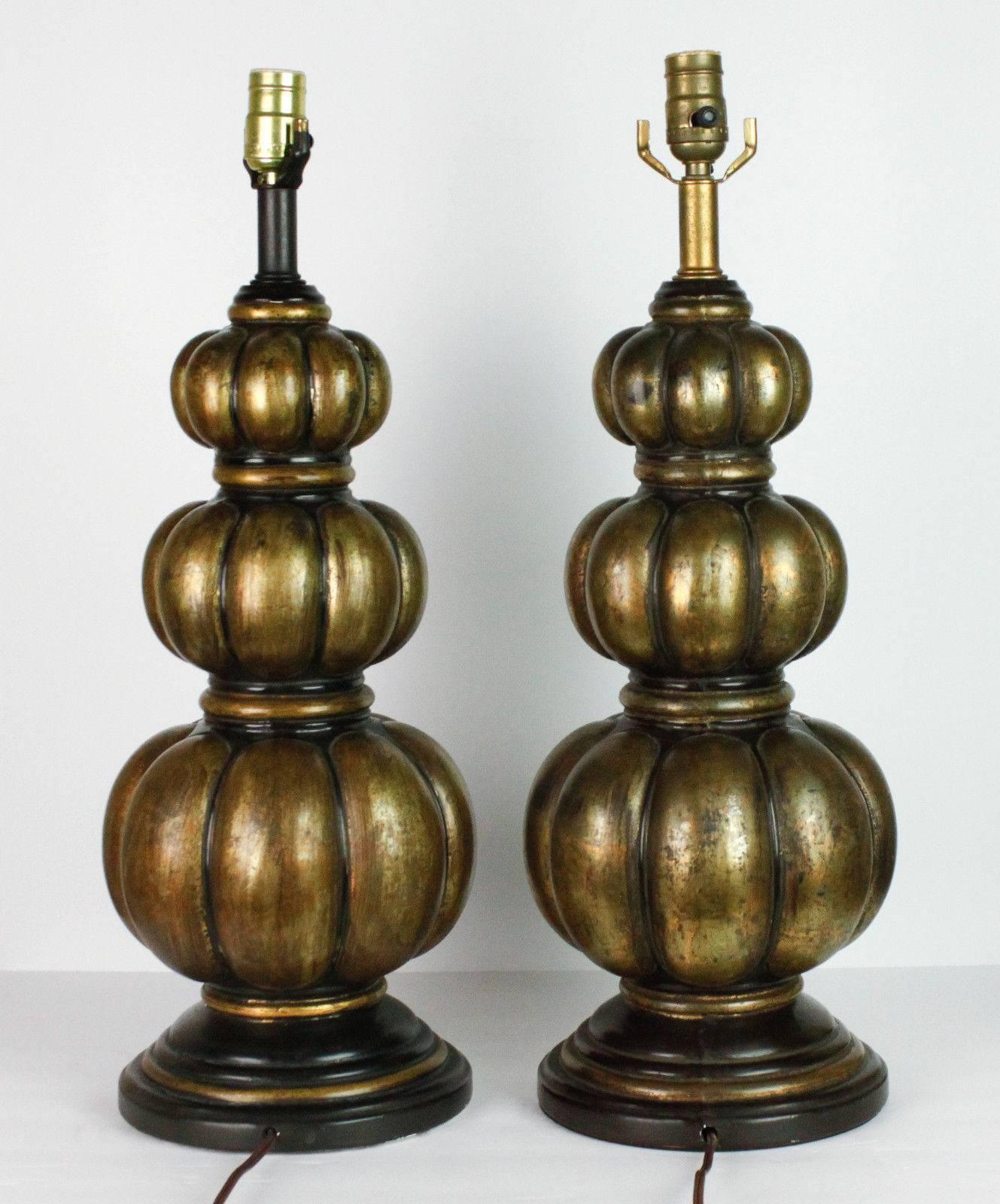 Pair of Mid-Century Modern triple gourd lamps with bronze patina. Price is for the pair.