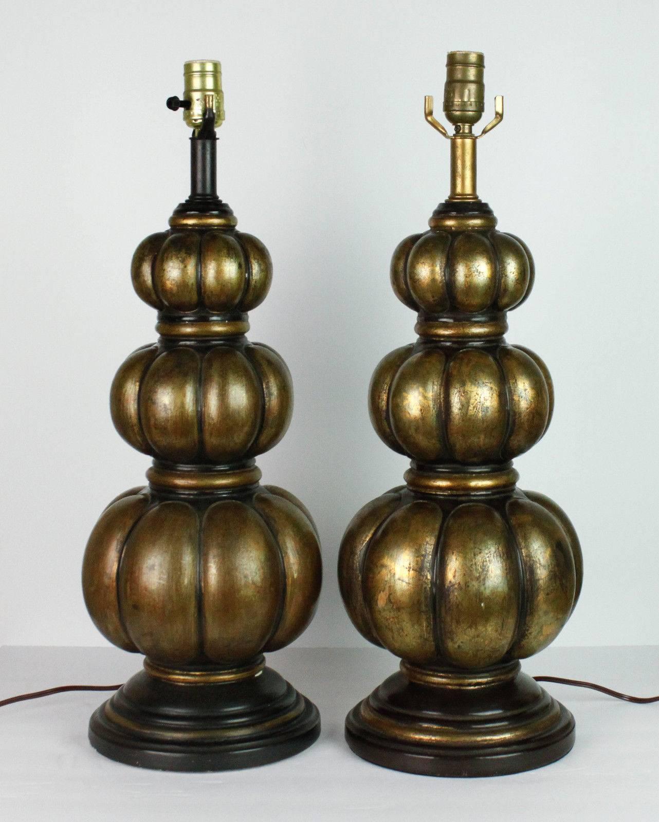 Pair of Midcentury Bronze Patina Gourd Lamps In Excellent Condition For Sale In Sacramento, CA