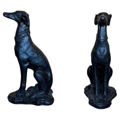 Pair of Mid Century Bronze Sitting Life Size Greyhound Sculpture