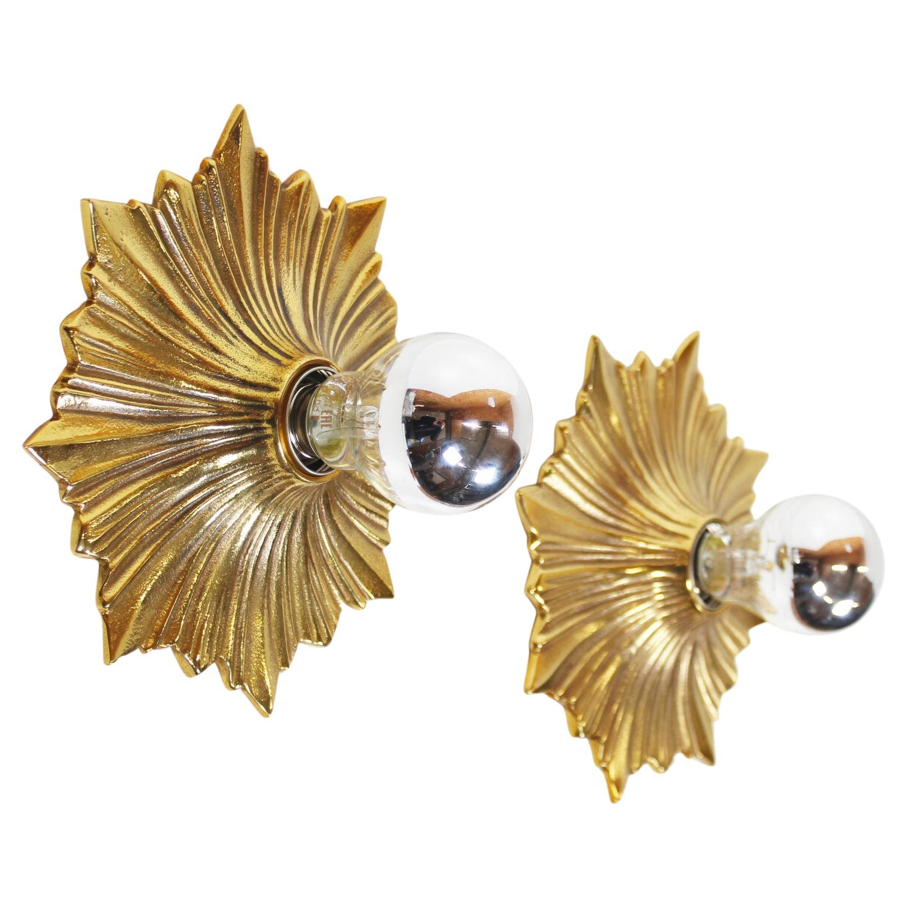Pair of Mid-Century Bronze Sunburst Wall Lights or Flush Mounts, c 1950s