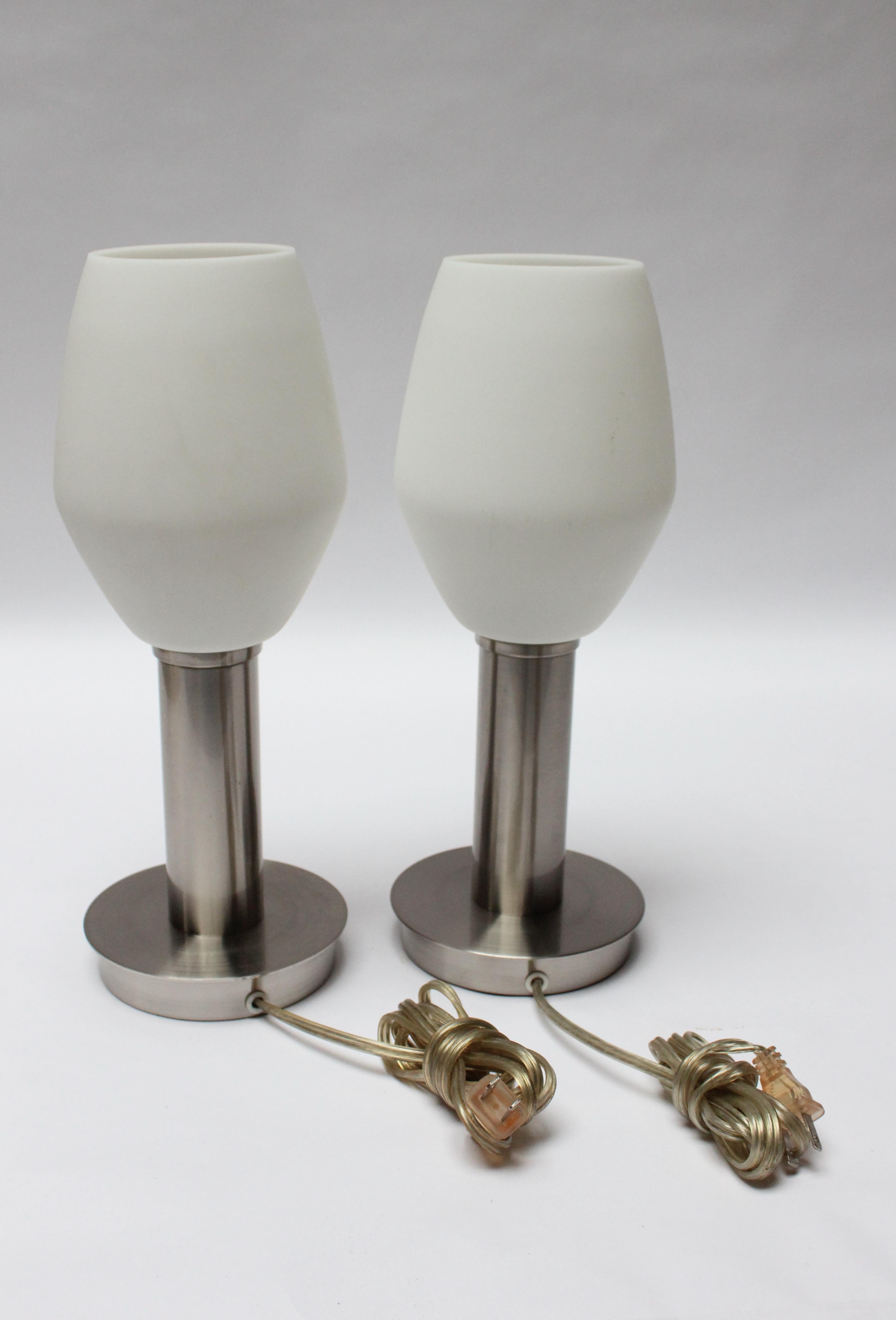 Mid-Century Modern Pair of Mid-Century Brushed Aluminum Table Lamps with Frosted Glass Shades For Sale