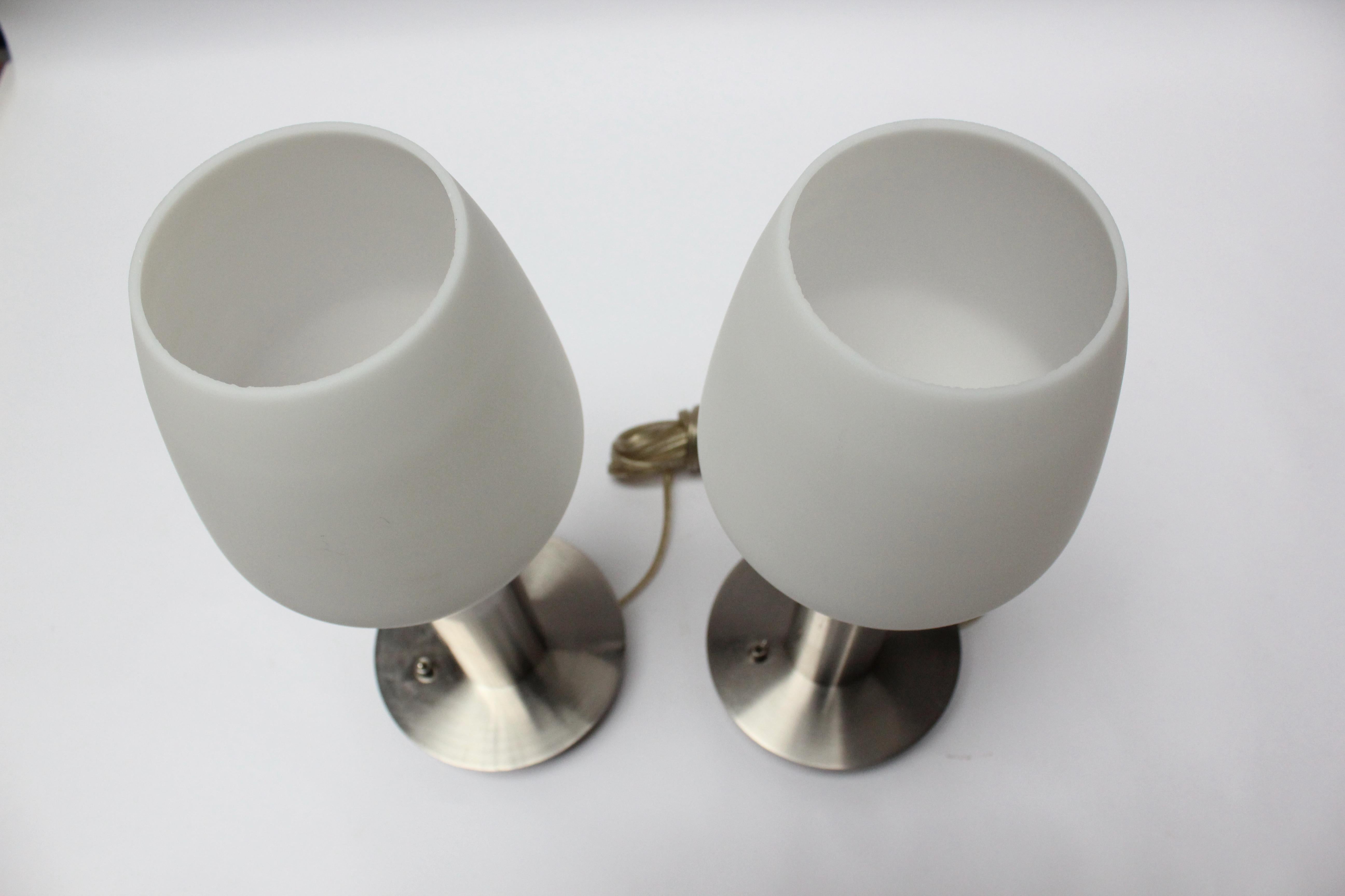 American Pair of Mid-Century Brushed Aluminum Table Lamps with Frosted Glass Shades For Sale
