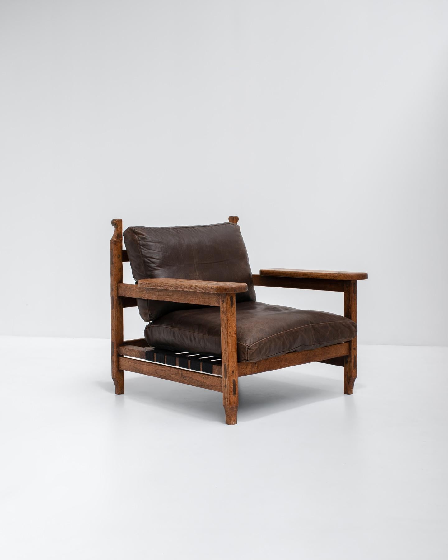 Pair of Mid-Century Brutalist Armchairs in Leather & Oak 5
