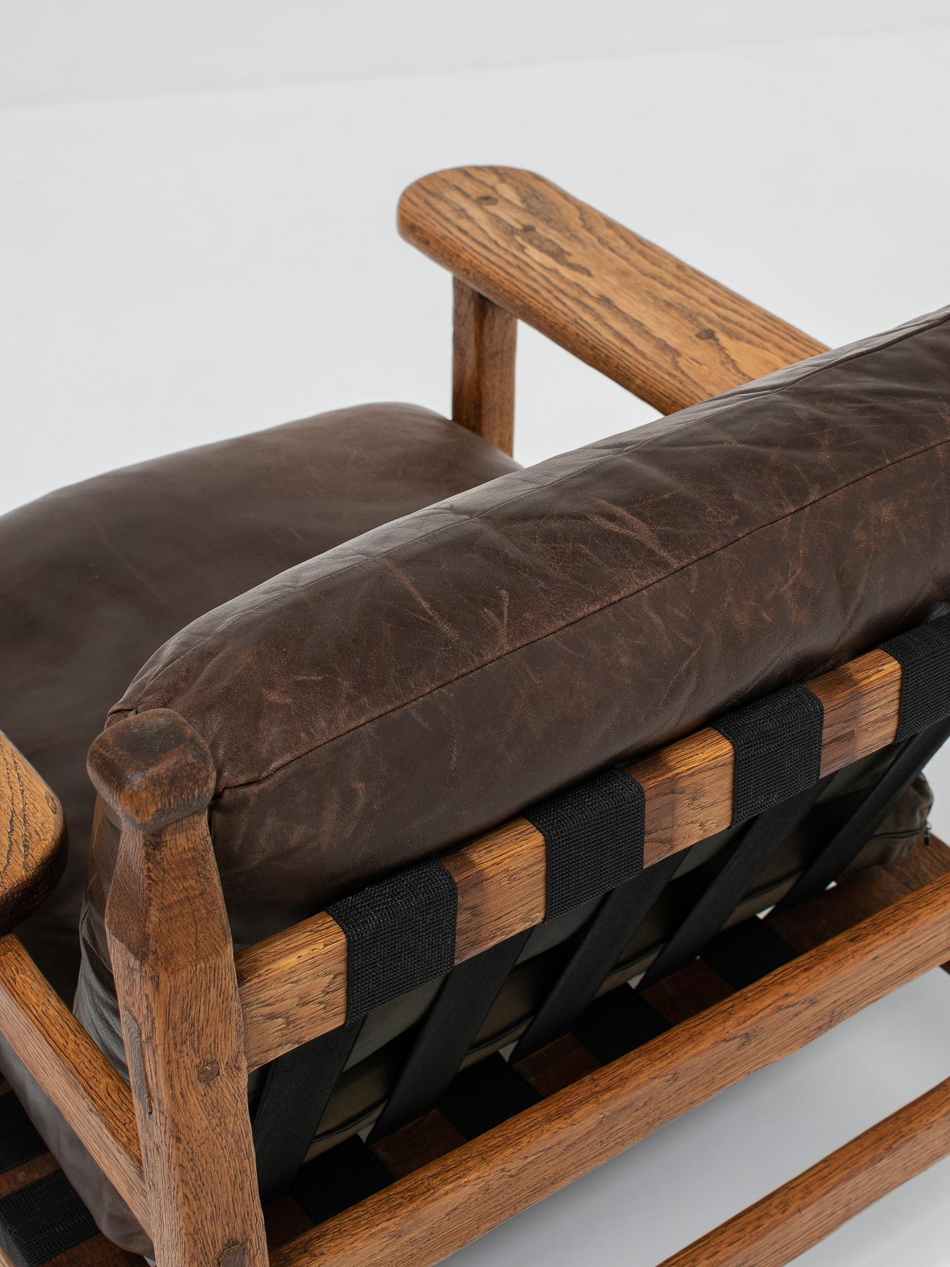 Pair of Mid-Century Brutalist Armchairs in Leather & Oak 6