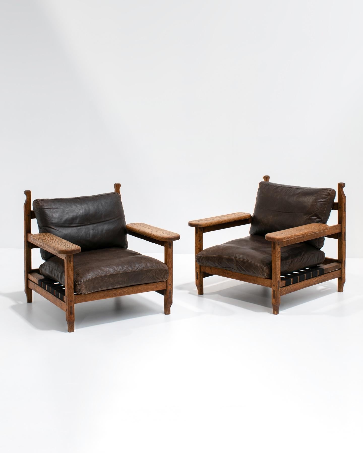 Pair of Mid-Century Brutalist Armchairs in Leather & Oak 4