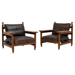 Pair of Mid-Century Brutalist Armchairs in Leather & Oak