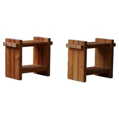 Pair of Mid Century Brutalist Night Stands in Solid Pine, 1970s, Made in Denmark